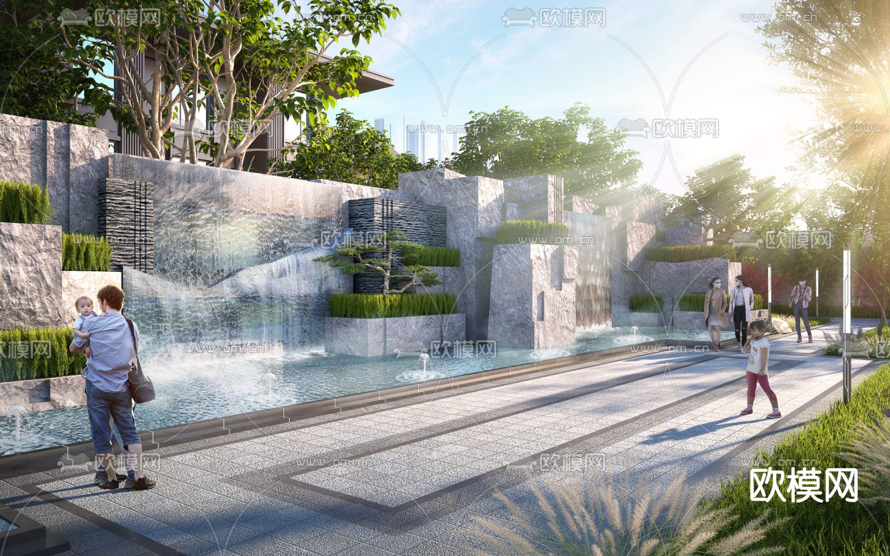 小区景观 瀑布景观3d模型下载
