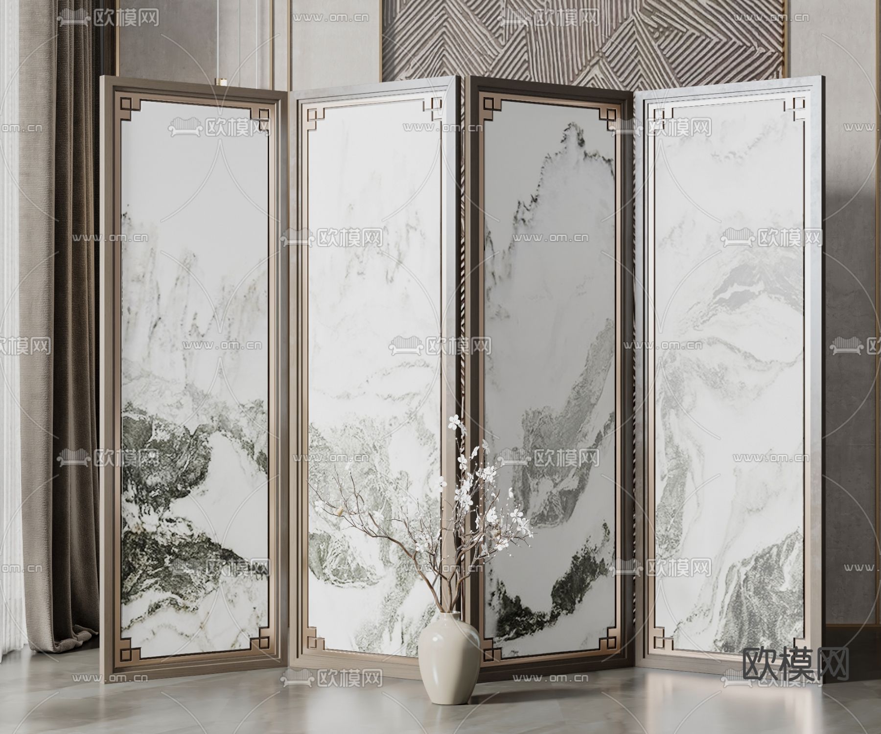 新中式屏风 隔断su模型下载（渲染图1）