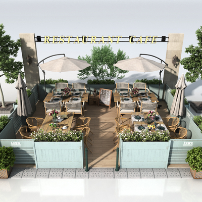  户外商业外摆 餐厅外摆su模型 