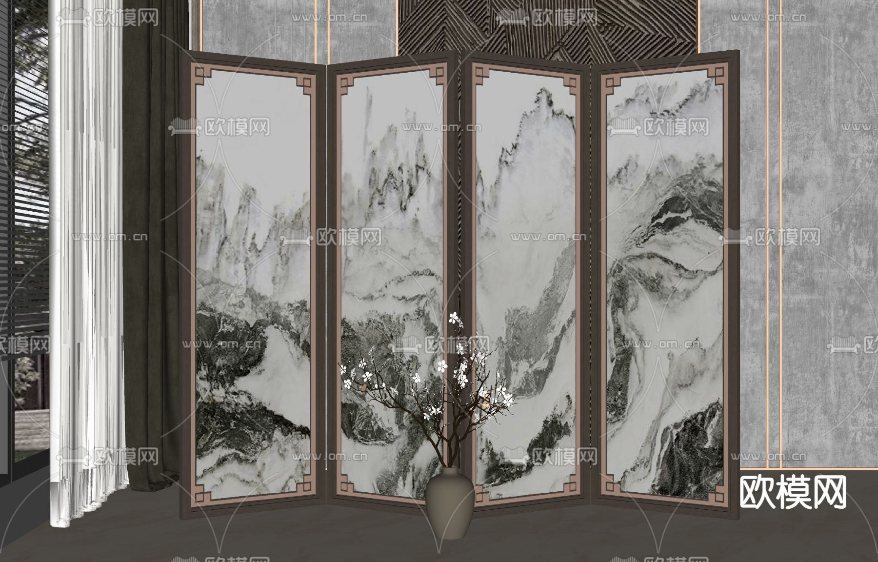 新中式屏风 隔断su模型下载（渲染图2）