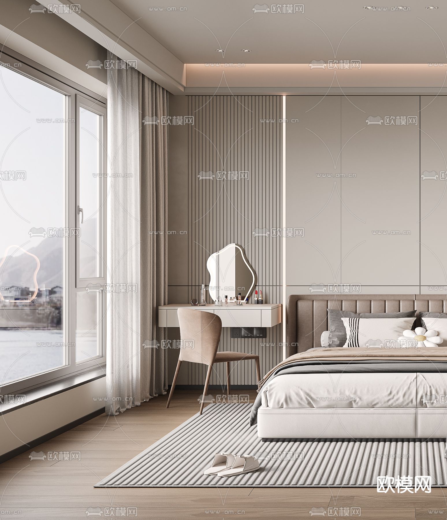 奶油风卧室 主卧 主人房3d模型下载（渲染图3）