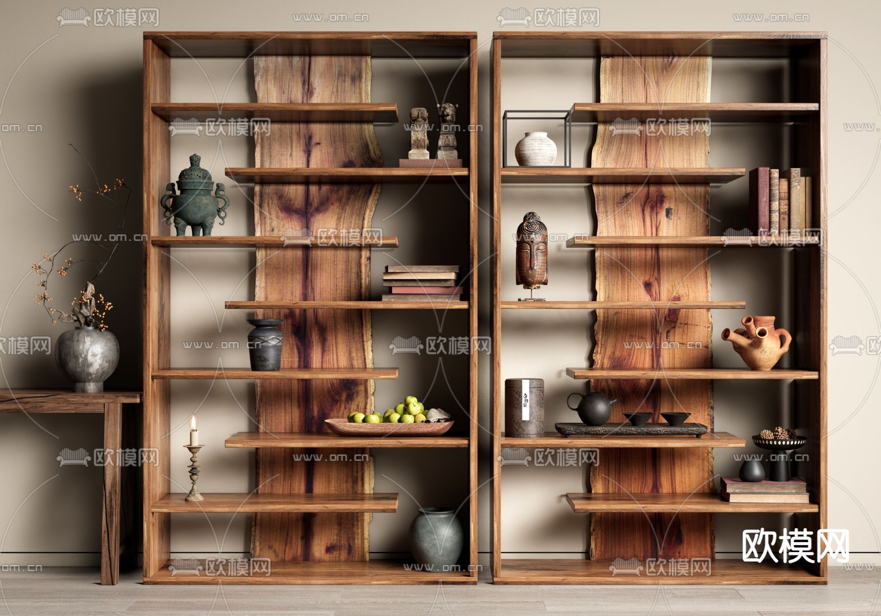 侘寂实木书柜 书架su模型下载（渲染图1）