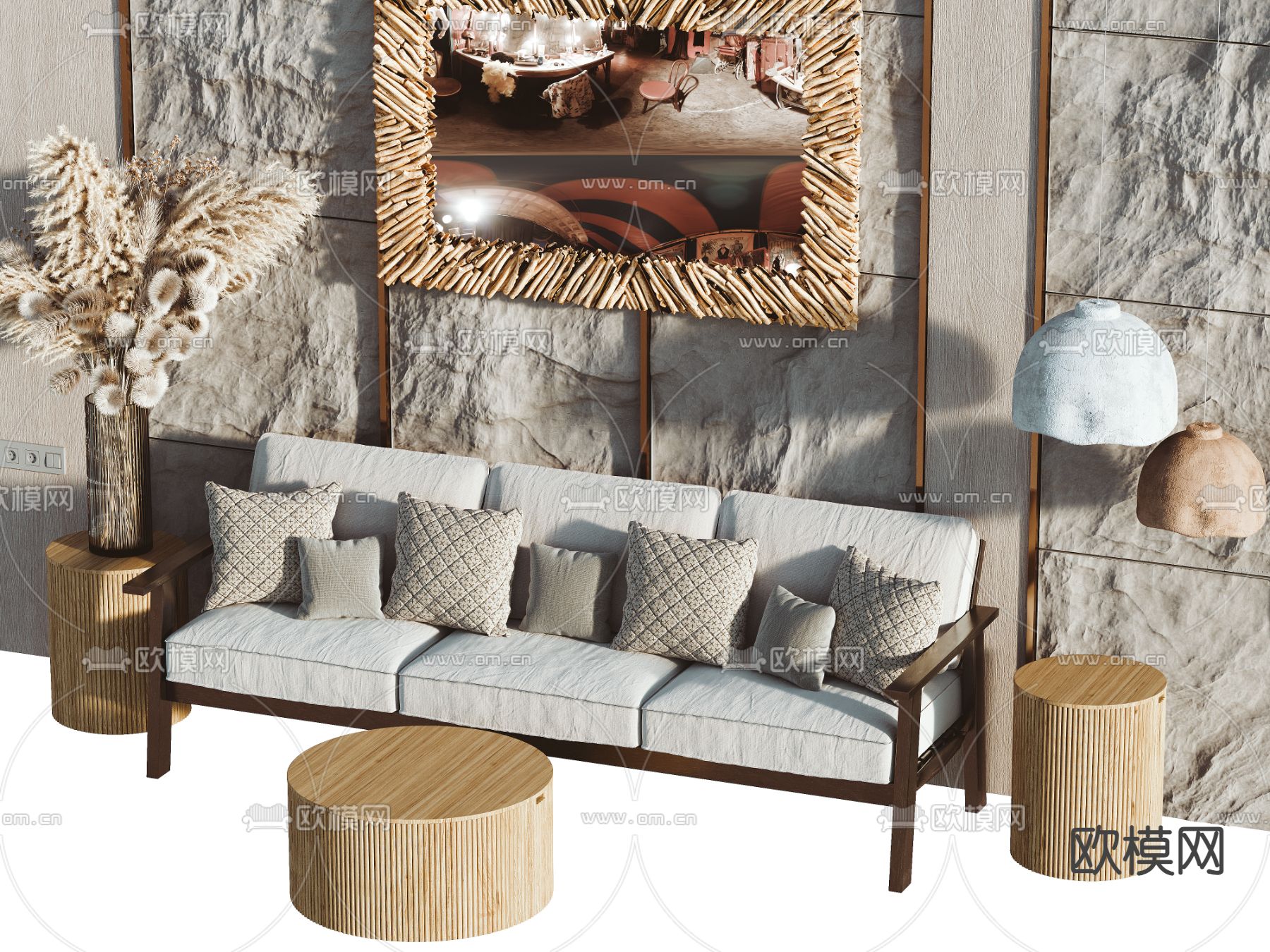 侘寂多人沙发  三人沙发3d模型下载（渲染图1）