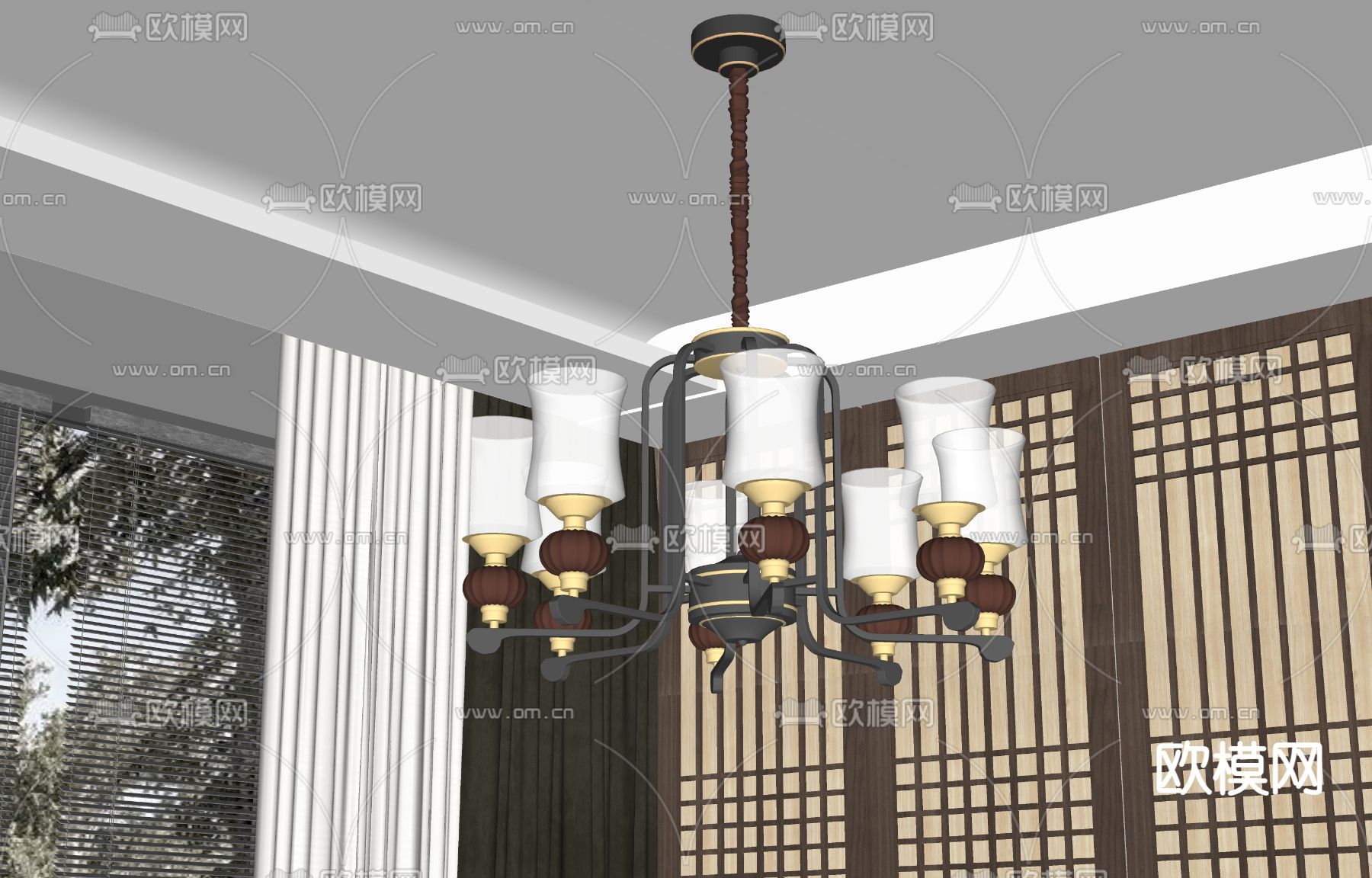 新中式多头吊灯su模型下载（渲染图2）