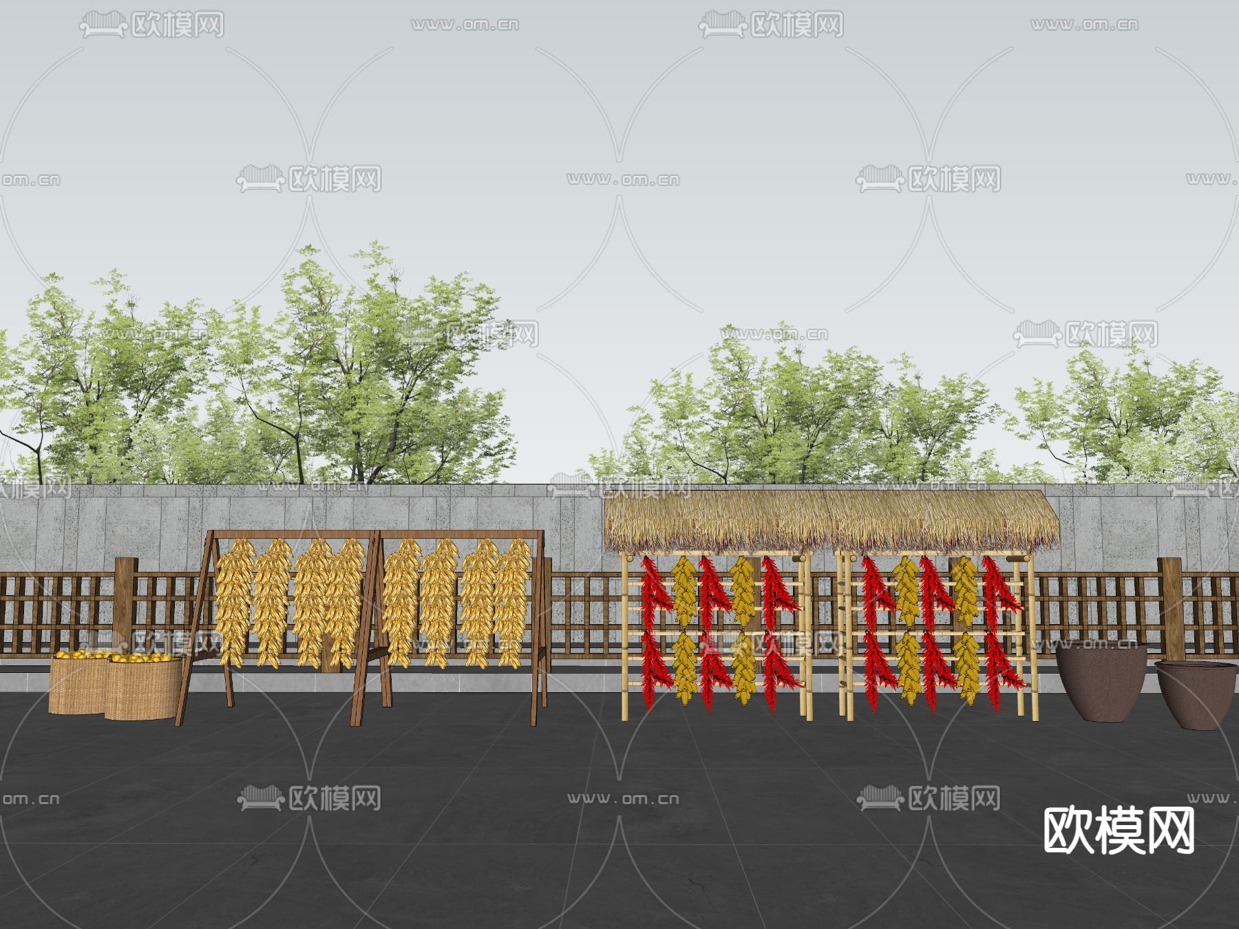 中式乡村小品 农具su模型