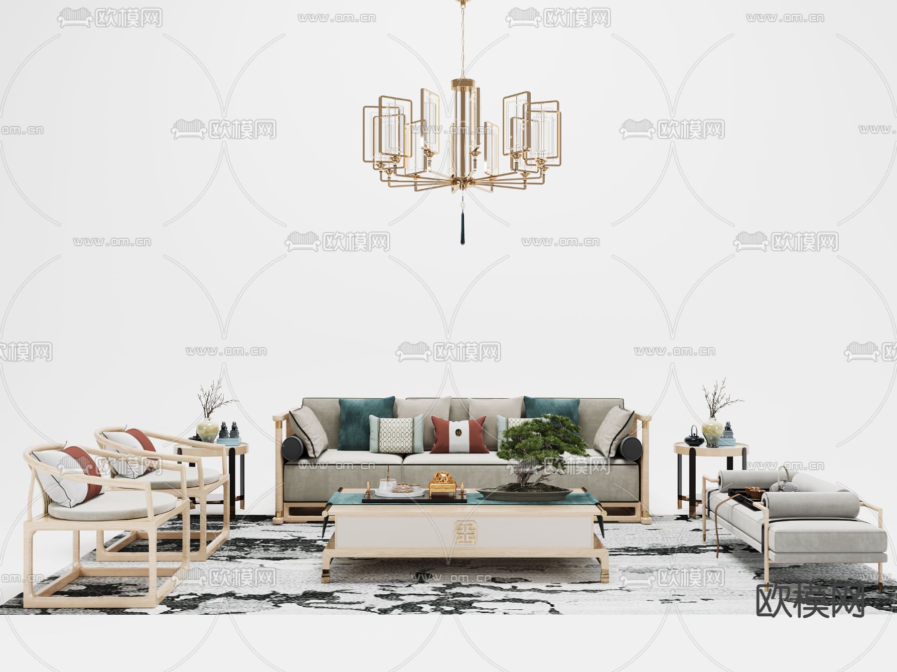 新中式组合沙发3d模型下载（渲染图2）