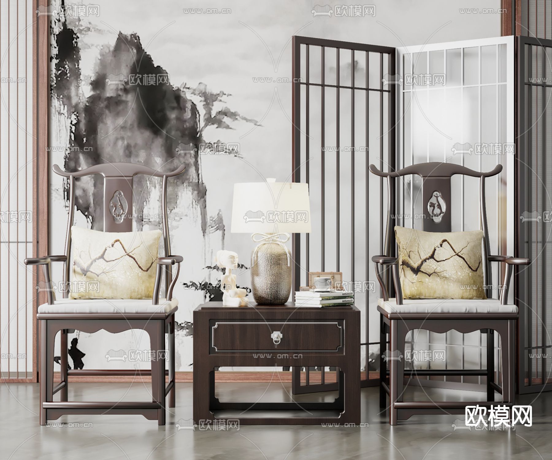 新中式休闲椅su模型下载（渲染图1）