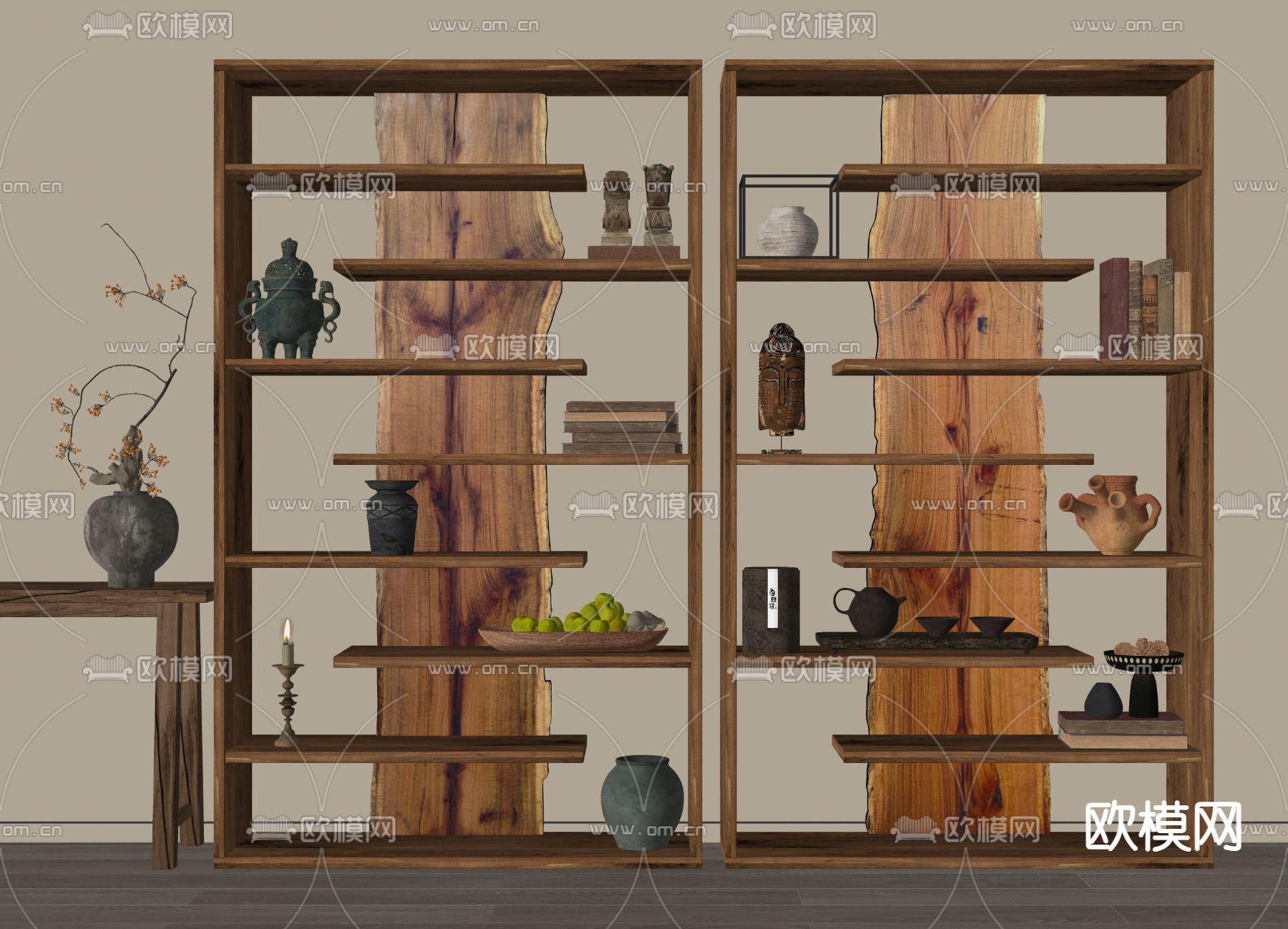 侘寂实木书柜 书架su模型下载（渲染图2）