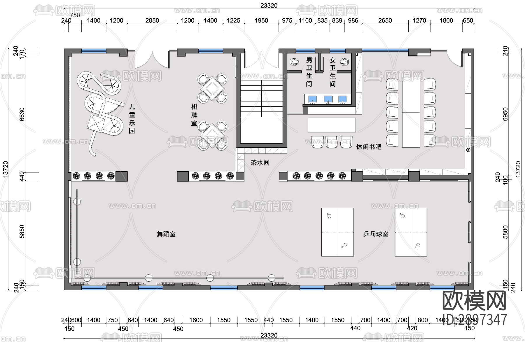 居民活动中心cad施工图下载（渲染图1）