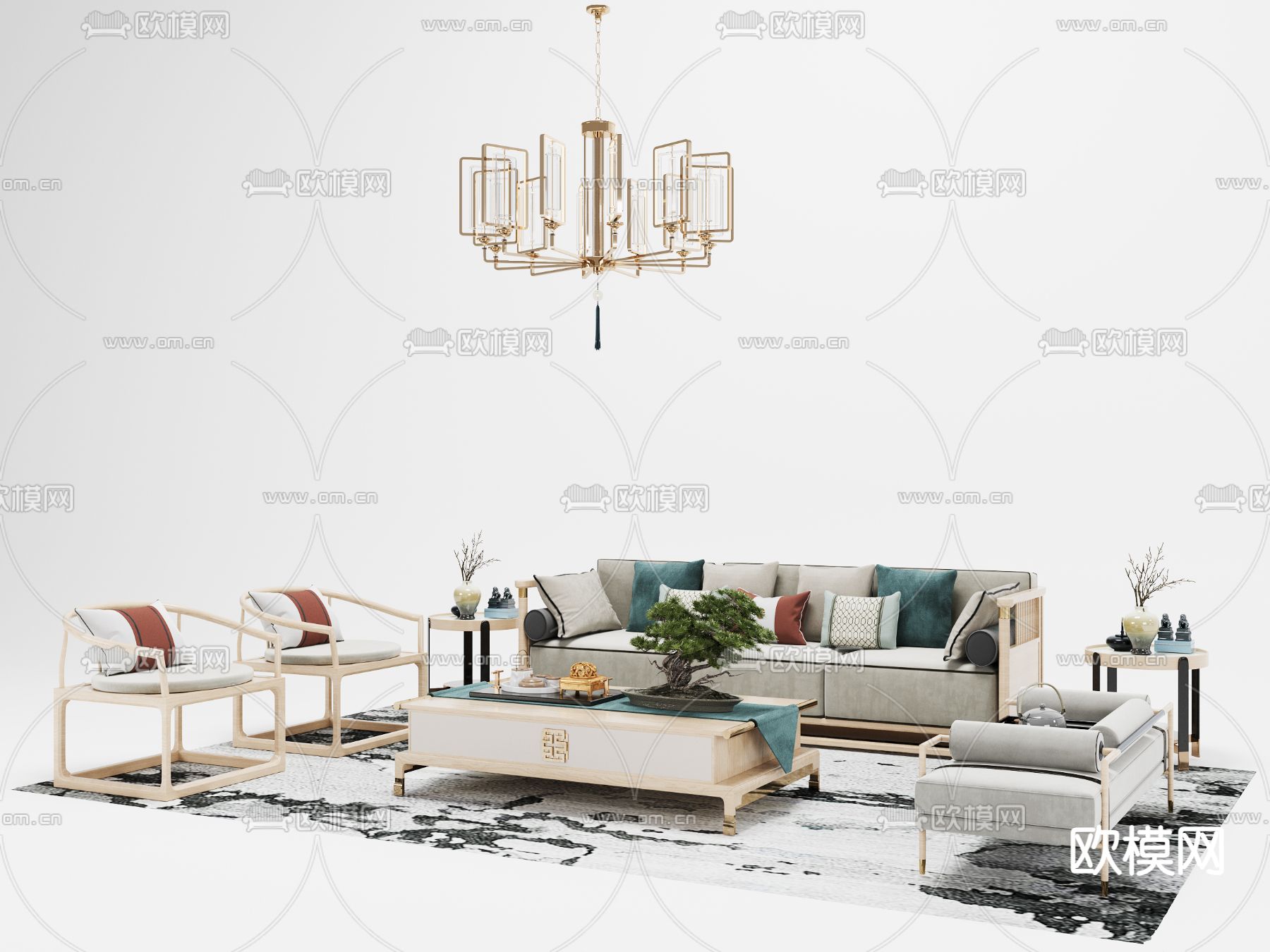 新中式组合沙发3d模型下载（渲染图1）
