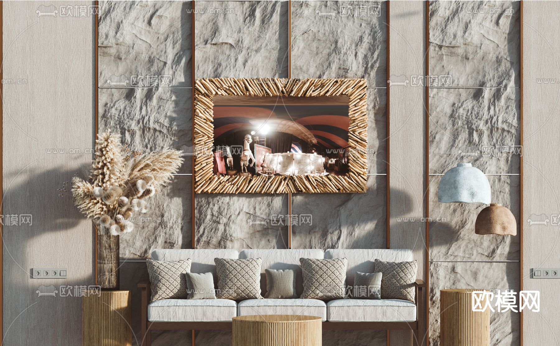 侘寂多人沙发  三人沙发3d模型下载（渲染图2）