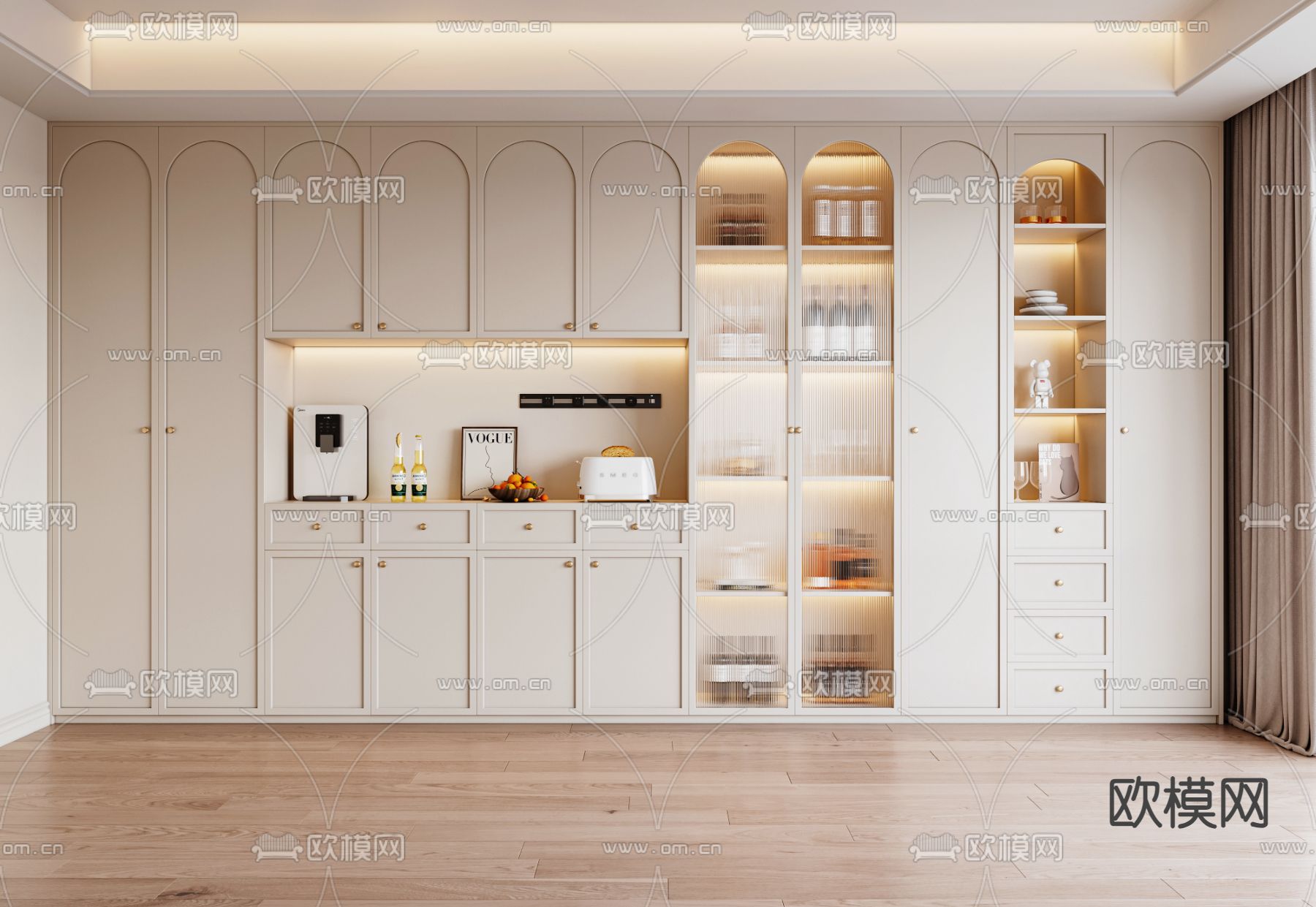奶油风酒柜su模型下载（渲染图1）