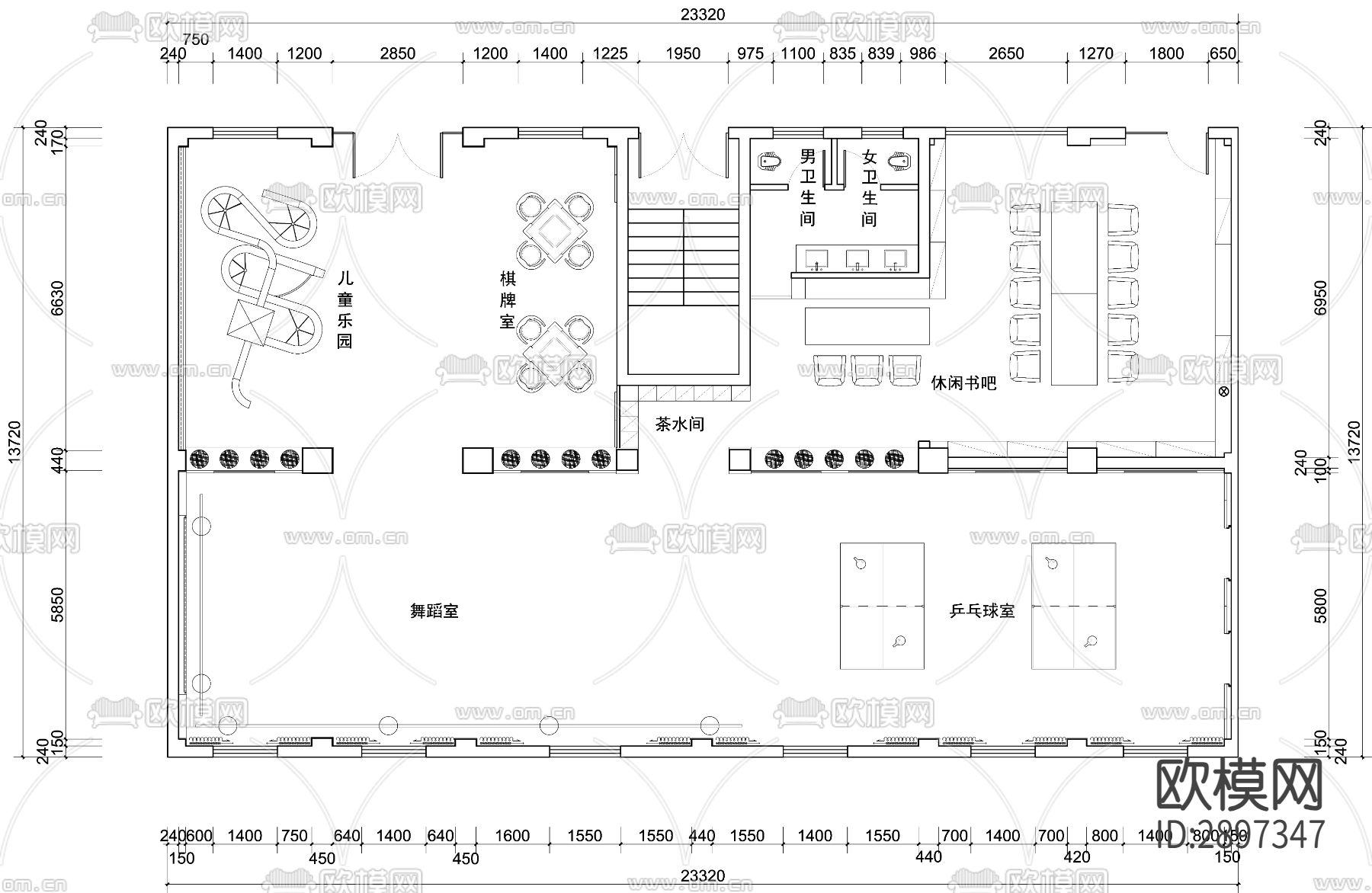 居民活动中心cad施工图下载（渲染图2）
