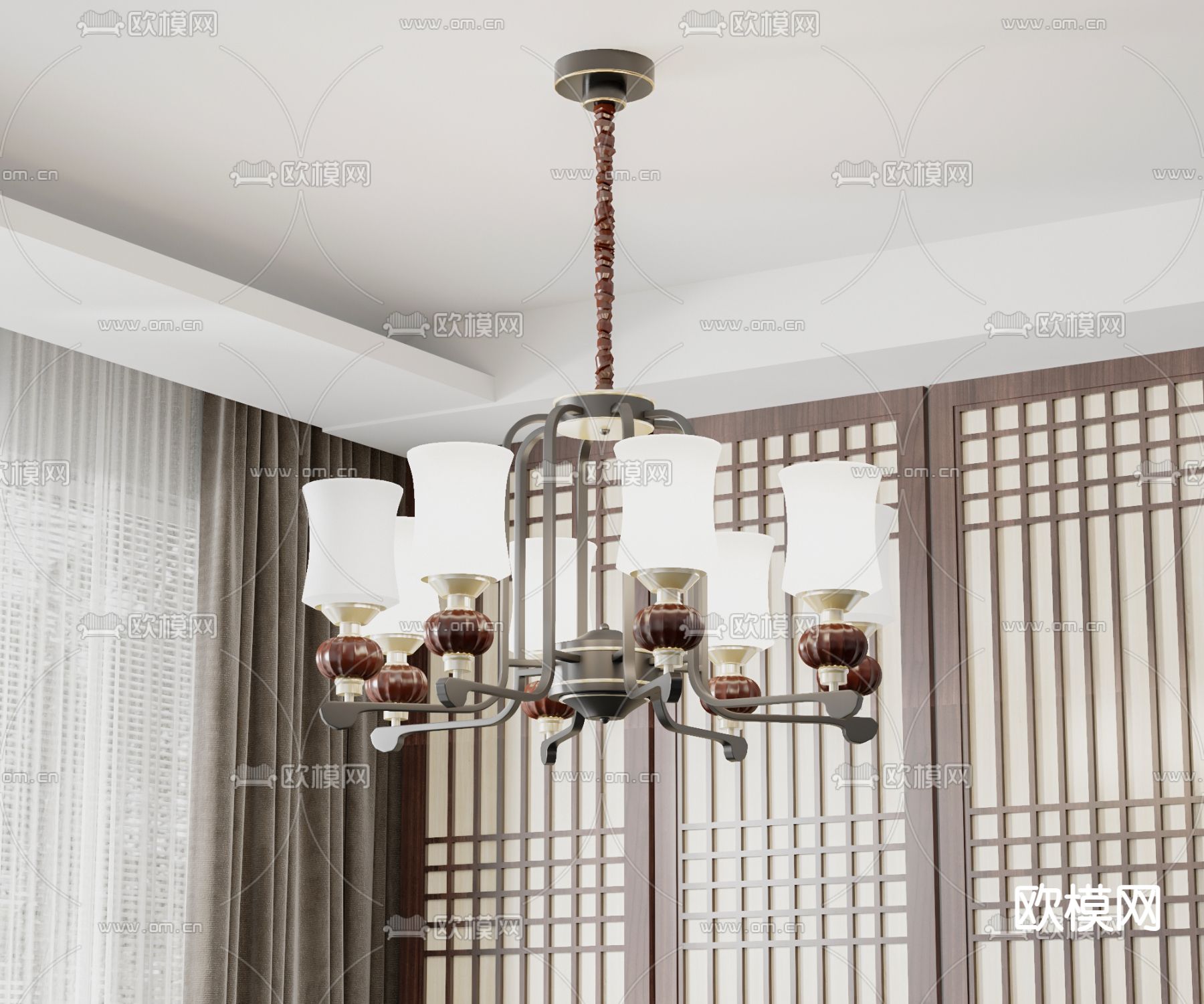 新中式多头吊灯su模型下载（渲染图1）