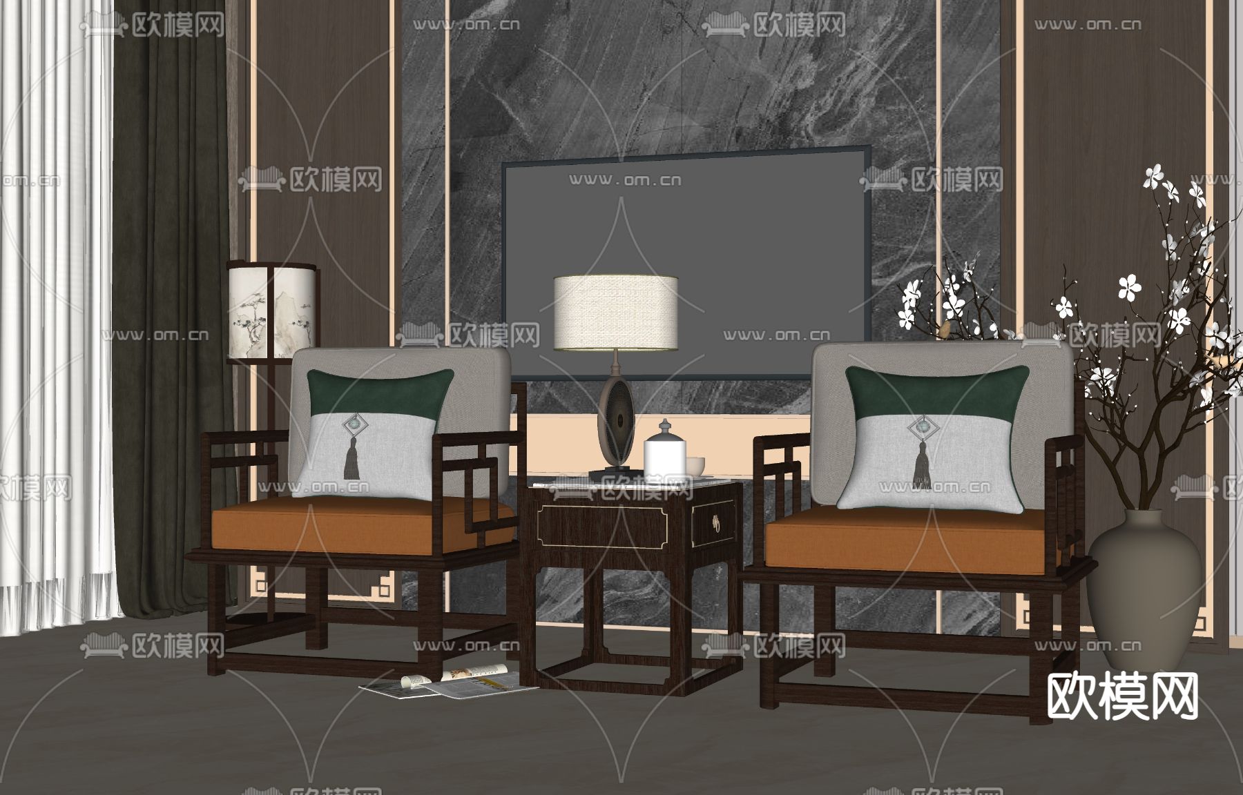 新中式单人沙发su模型下载（渲染图2）