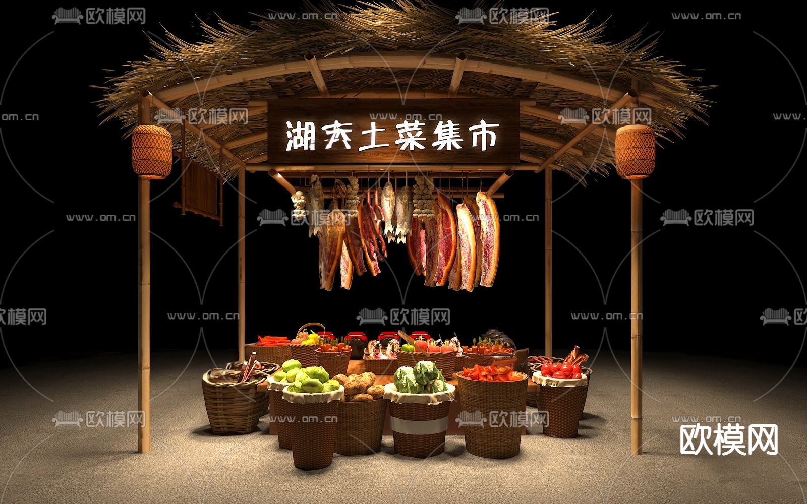茅草摊位 蔬菜 农产品su模型下载（渲染图1）
