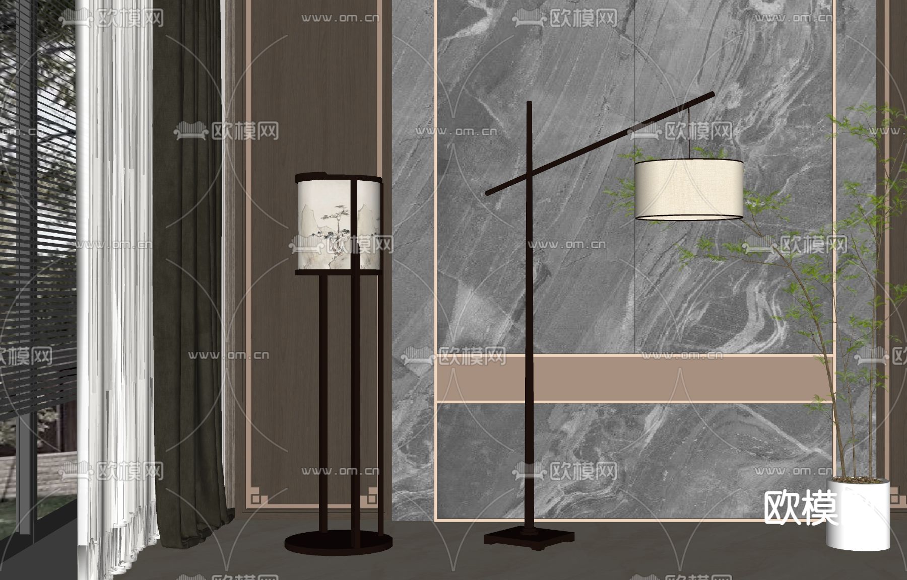 新中式落地灯su模型下载（渲染图2）
