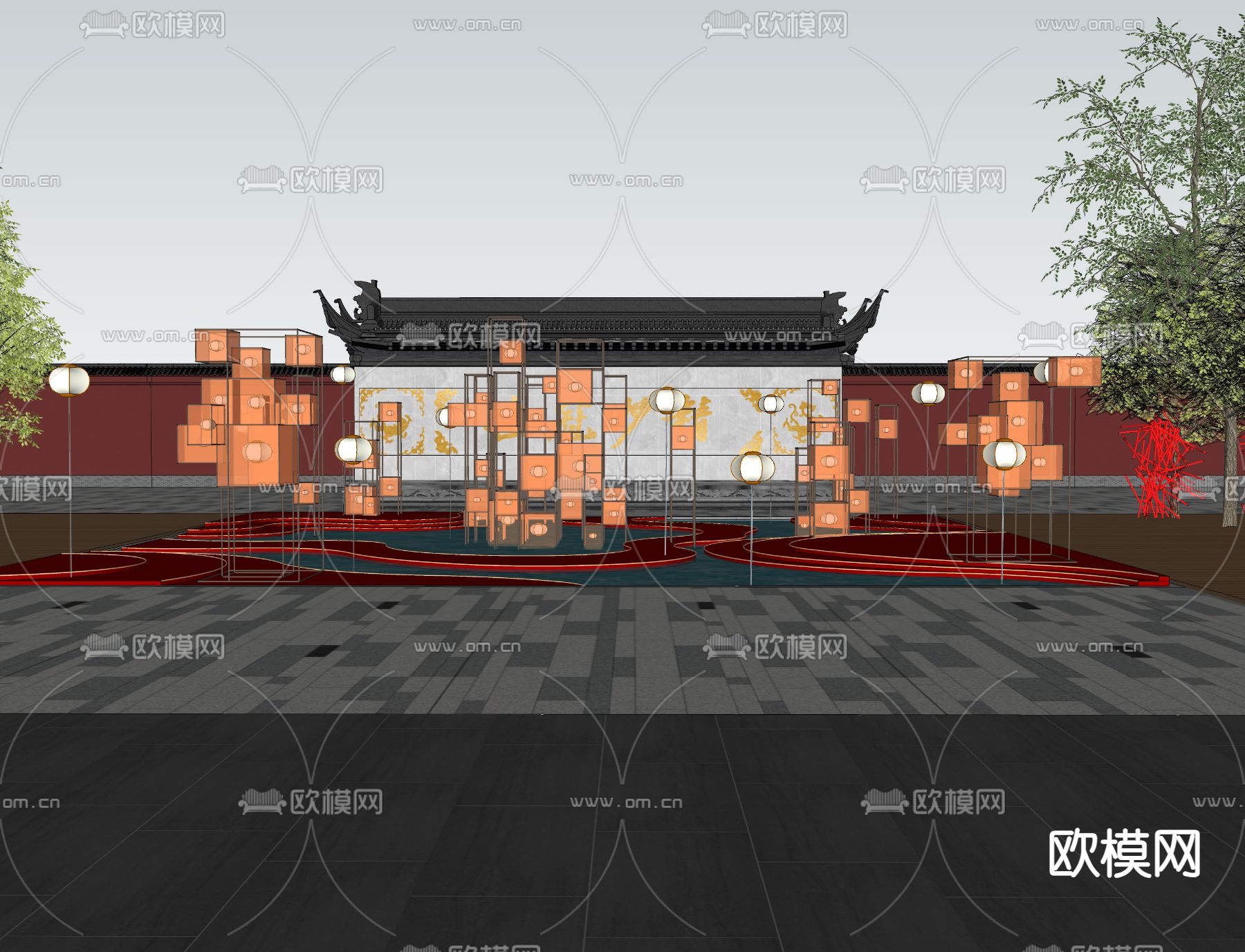 新中式户外小品su模型