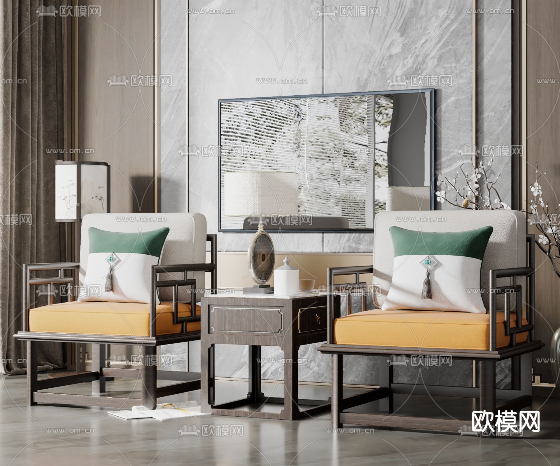 新中式单人沙发su模型下载（渲染图1）