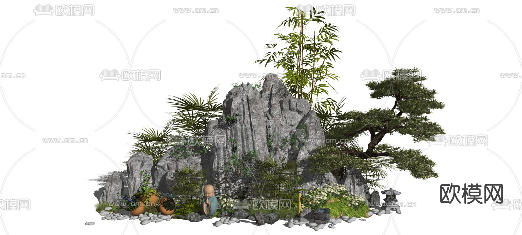 新中式假山叠石 跌水景观su模型下载（渲染图3）