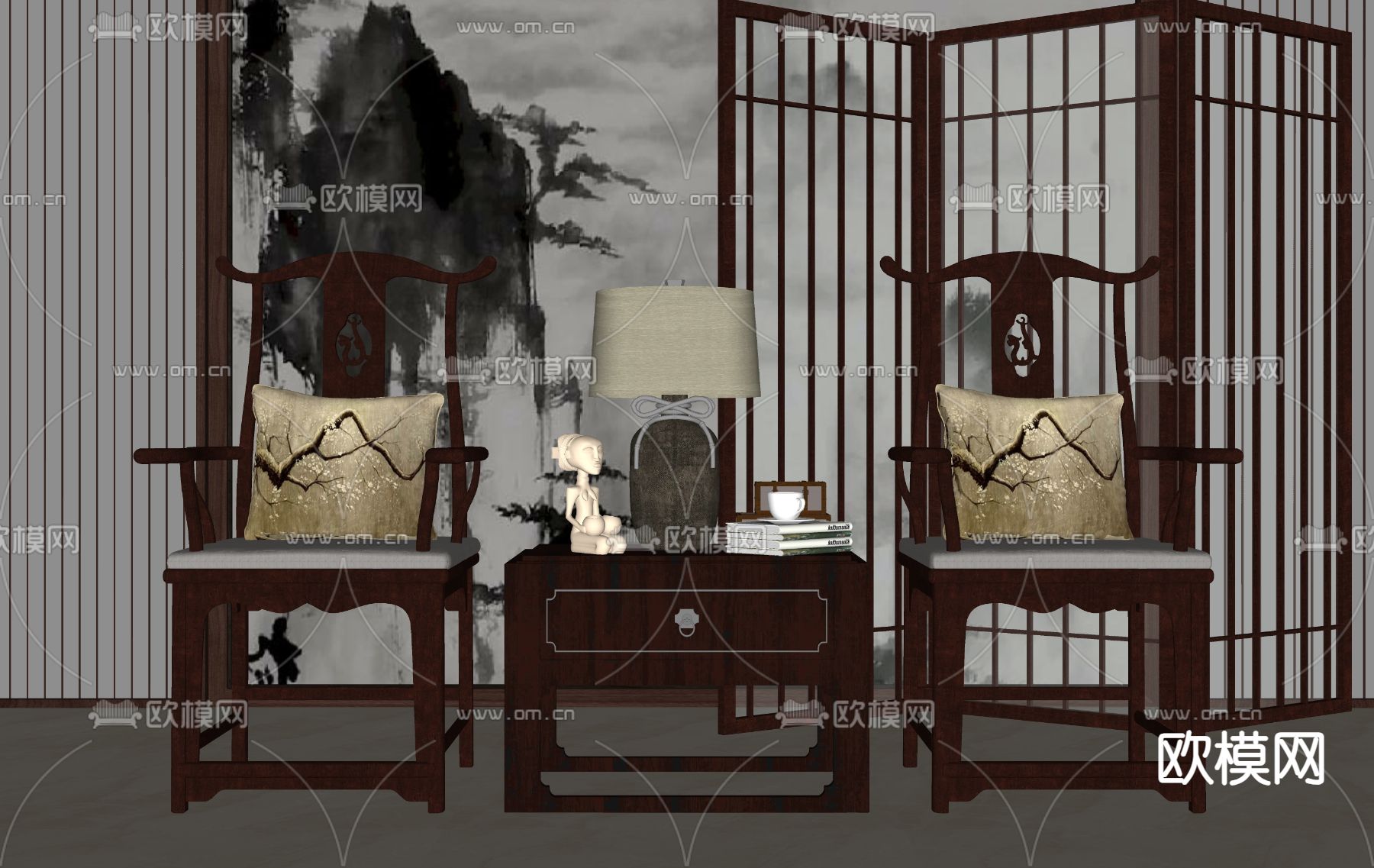 新中式休闲椅su模型下载（渲染图2）