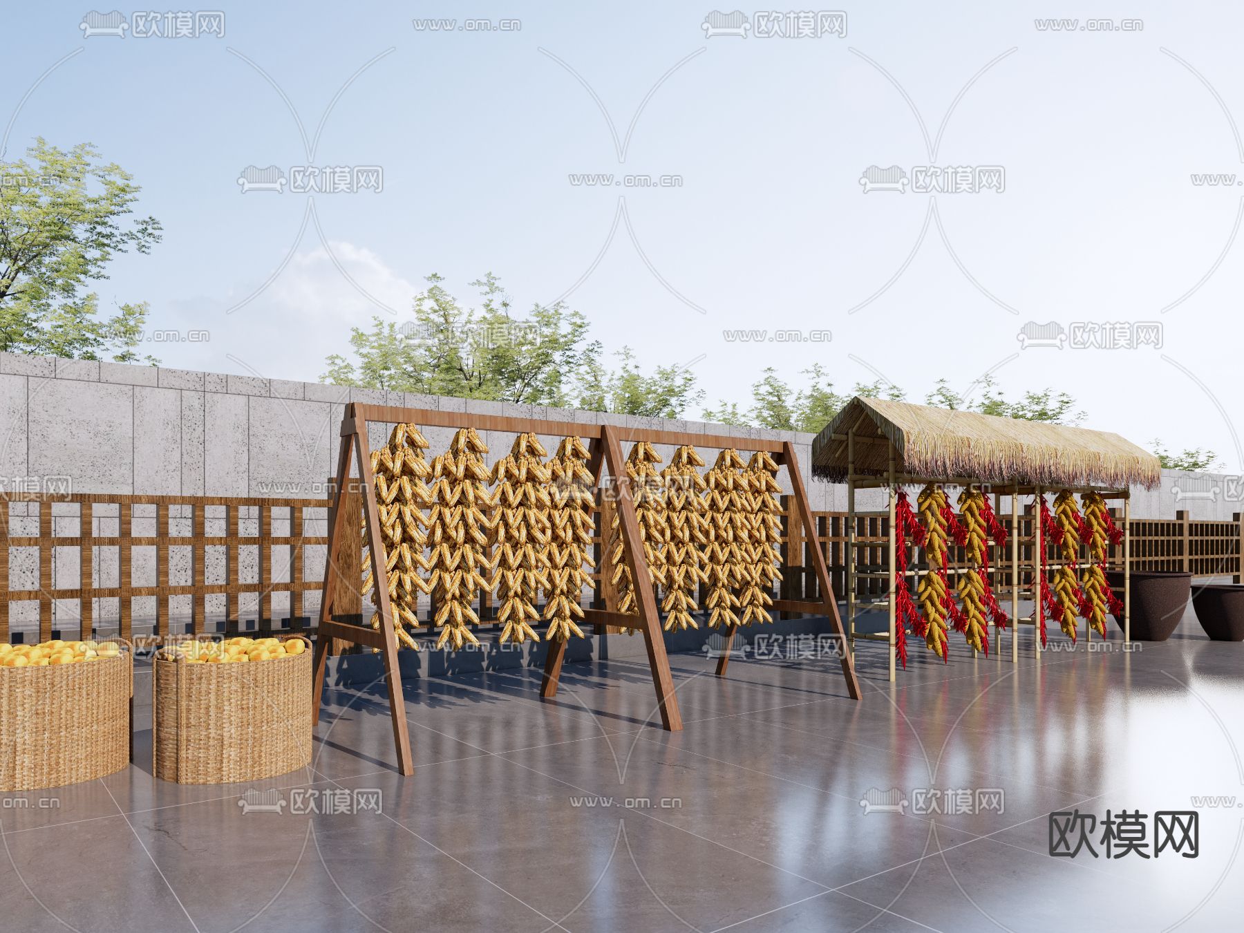 中式乡村小品 农具su模型