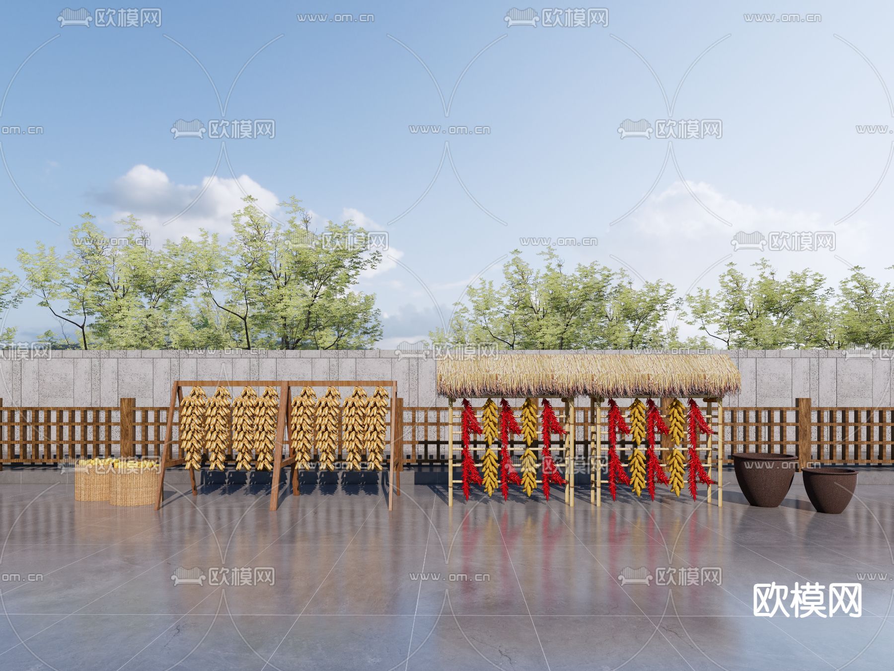 中式乡村小品 农具su模型