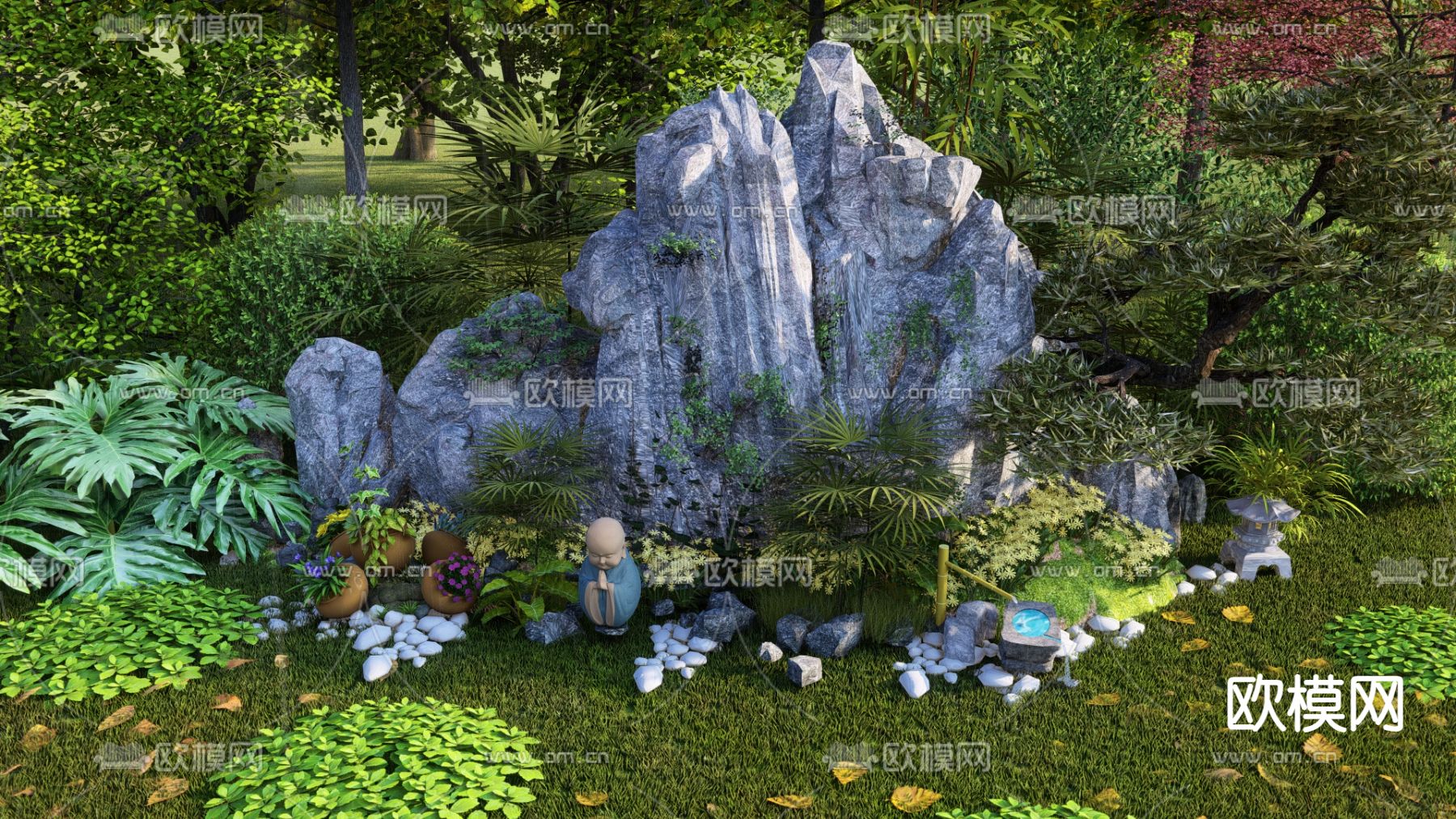 新中式假山叠石 跌水景观su模型下载（渲染图2）