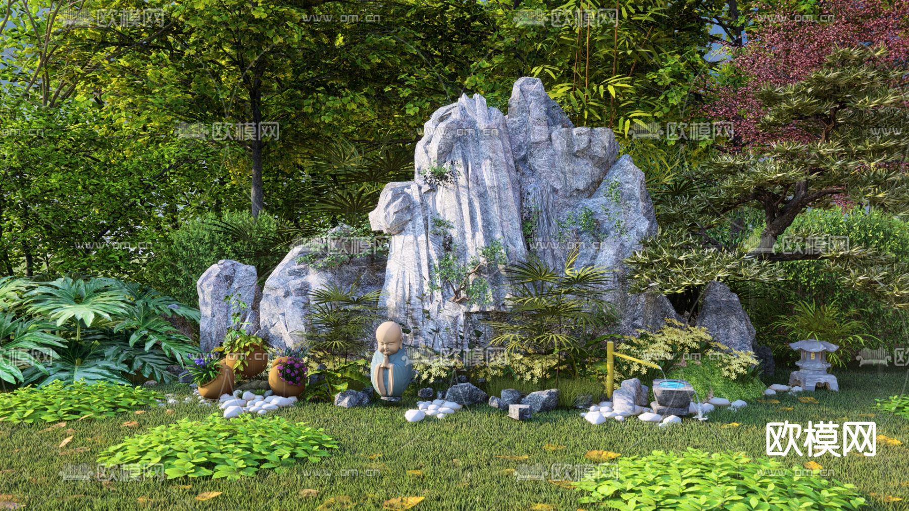 新中式假山叠石 跌水景观su模型下载（渲染图1）