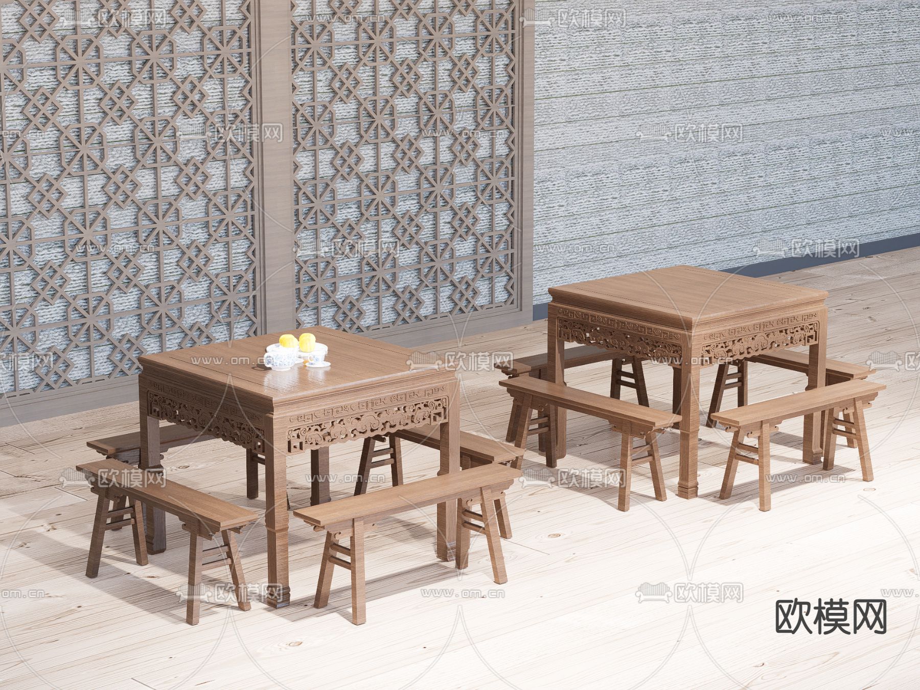 中式餐桌椅 八仙桌su模型