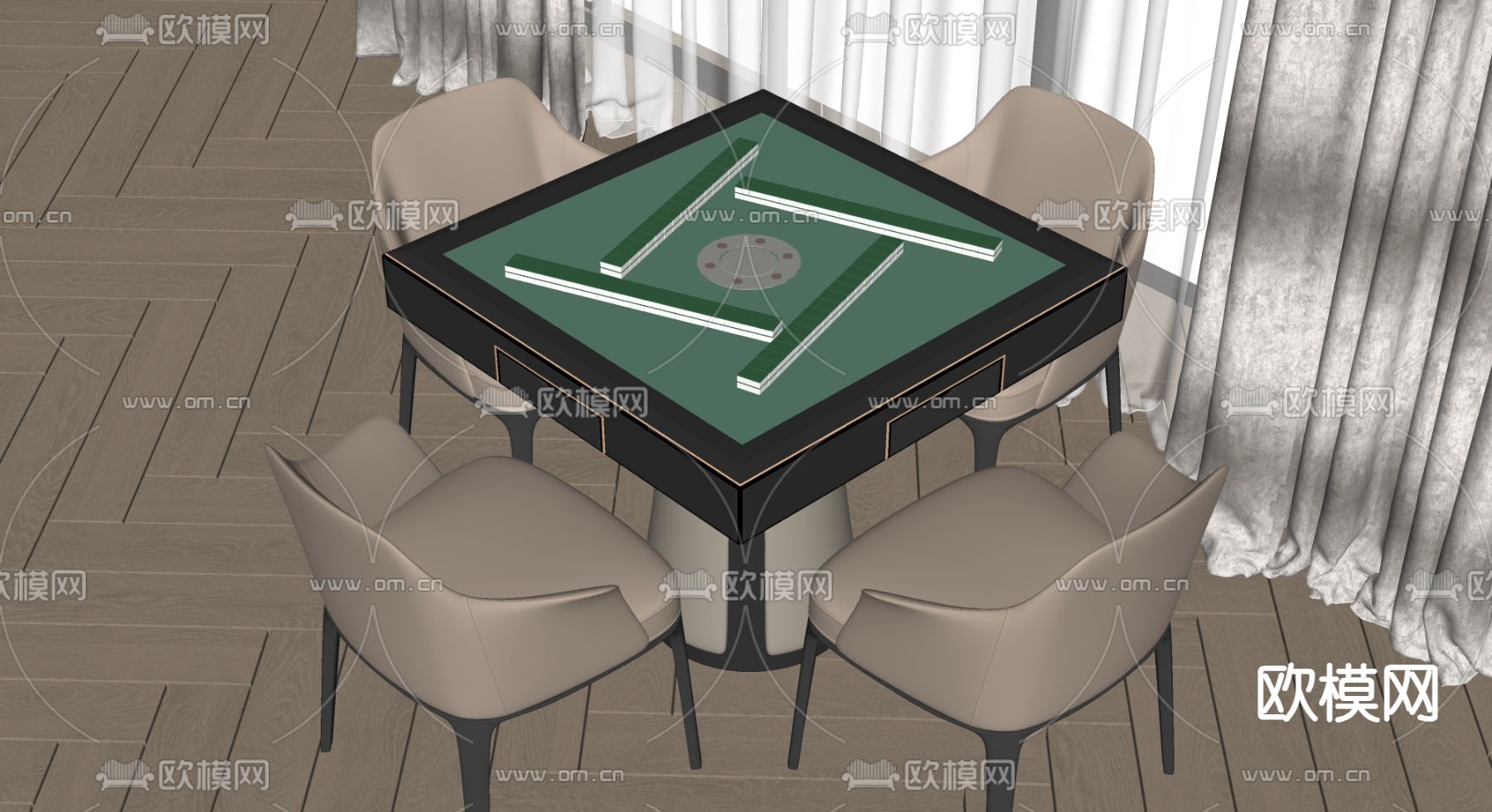 现代麻将桌椅su模型下载（渲染图2）