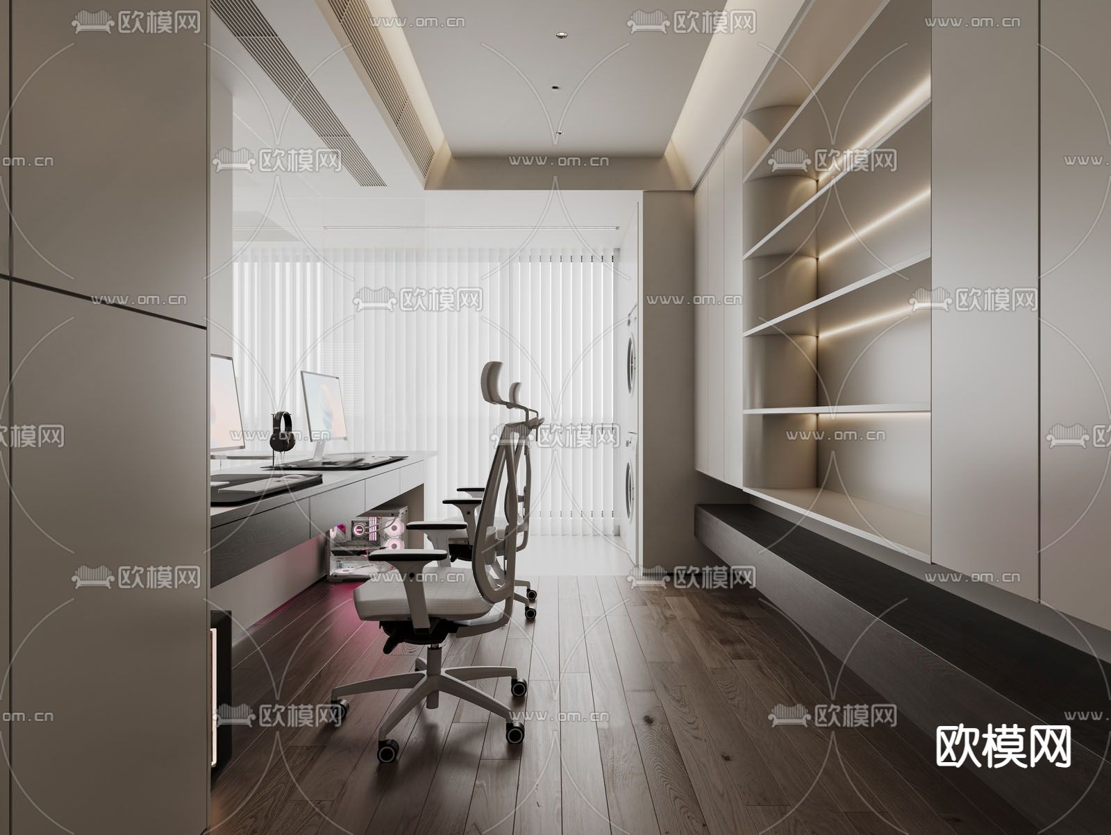 奶油风电竞房 书房su模型下载（渲染图1）