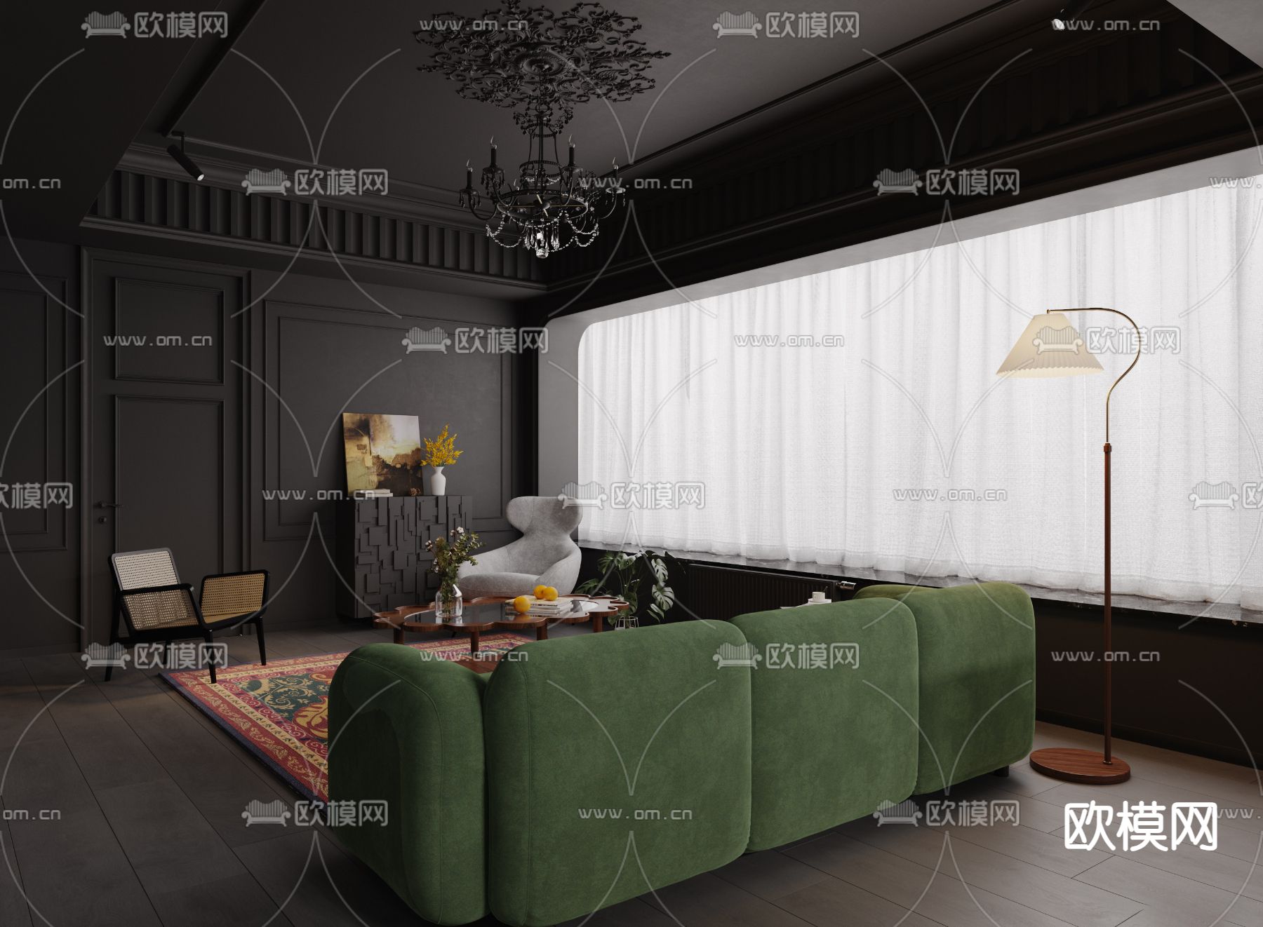 暗黑风客厅 餐厅3d模型下载（渲染图2）