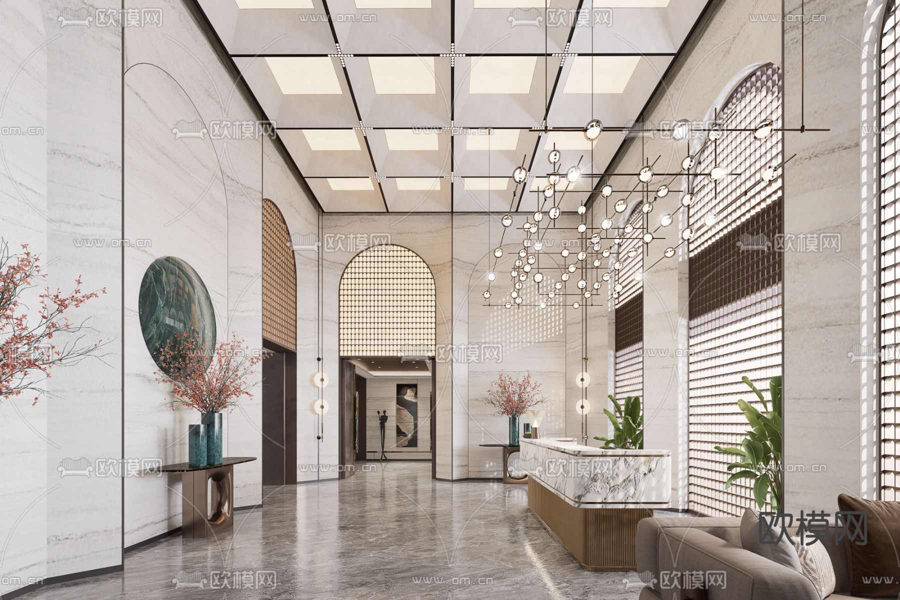 现代酒店大堂su模型下载（渲染图1）