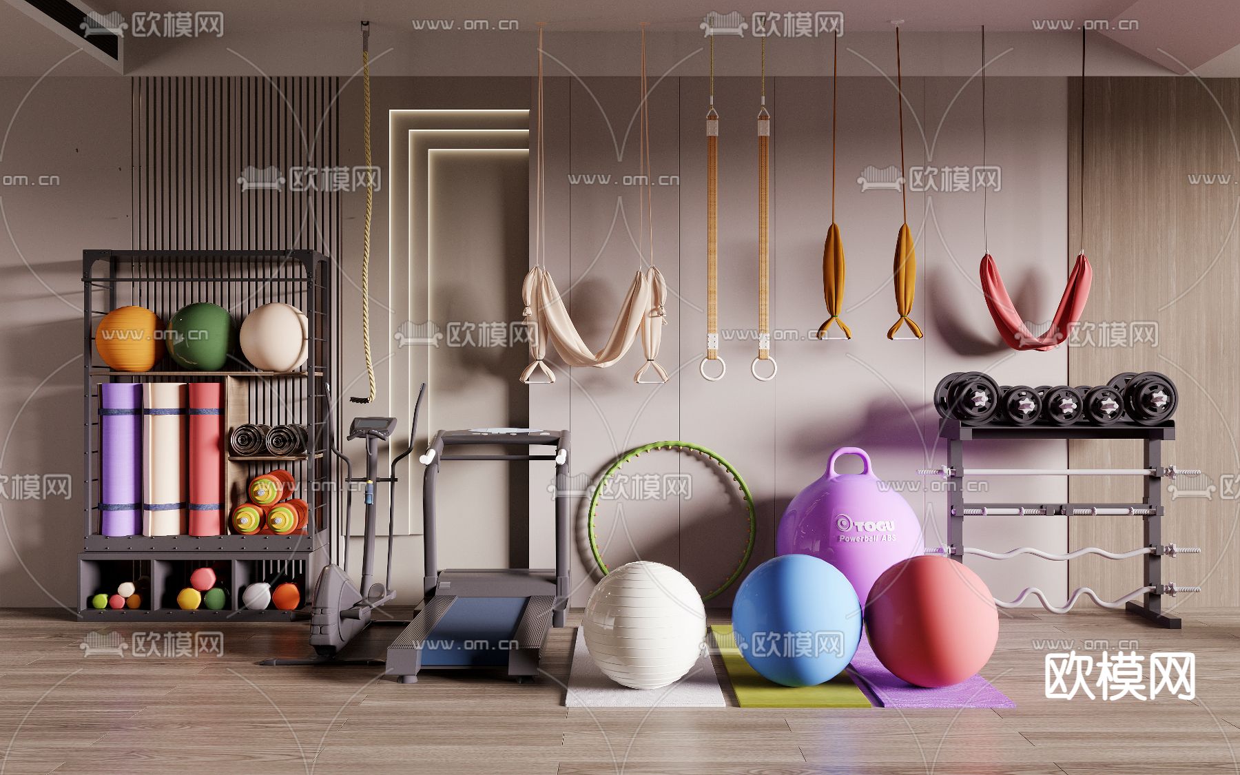 健身器械 瑜伽吊绳 瑜伽球 跑步机 哑铃3d模型下载