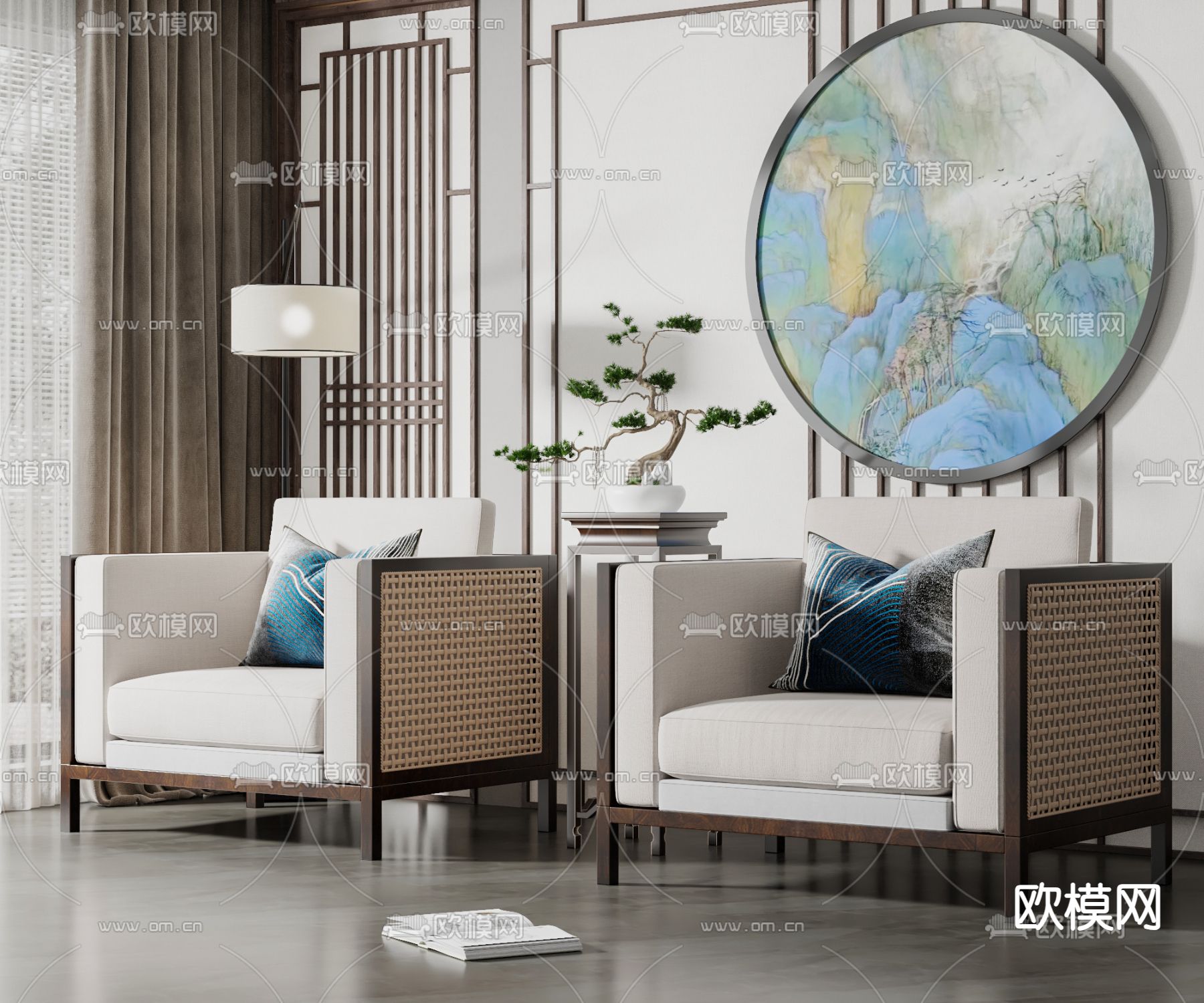 新中式单人沙发su模型下载（渲染图1）