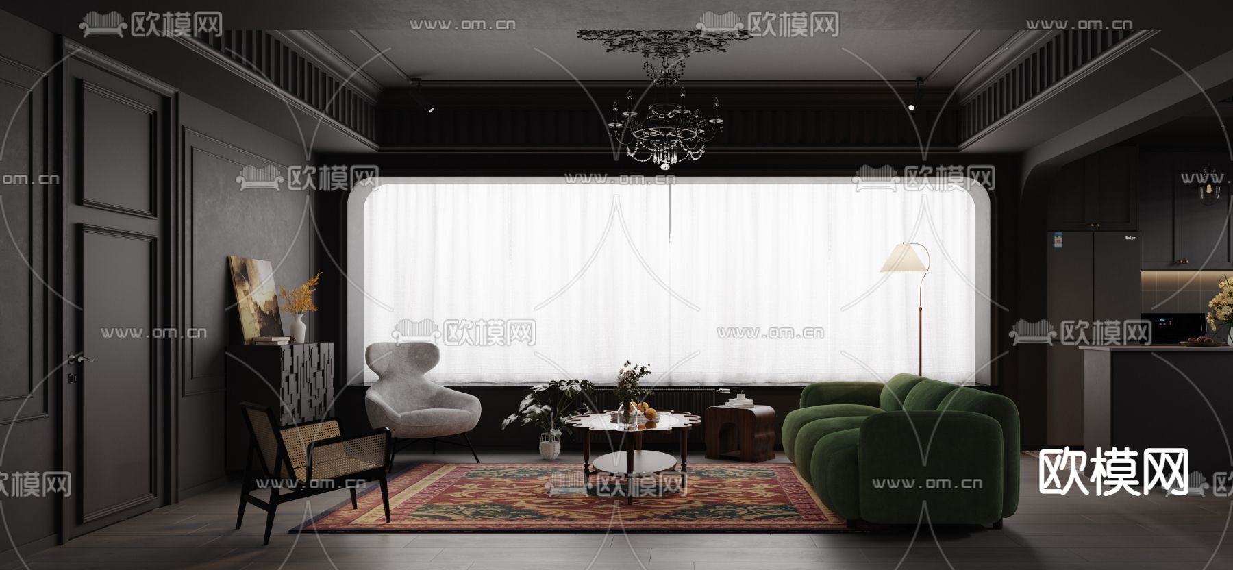 暗黑风客厅 餐厅3d模型下载（渲染图3）
