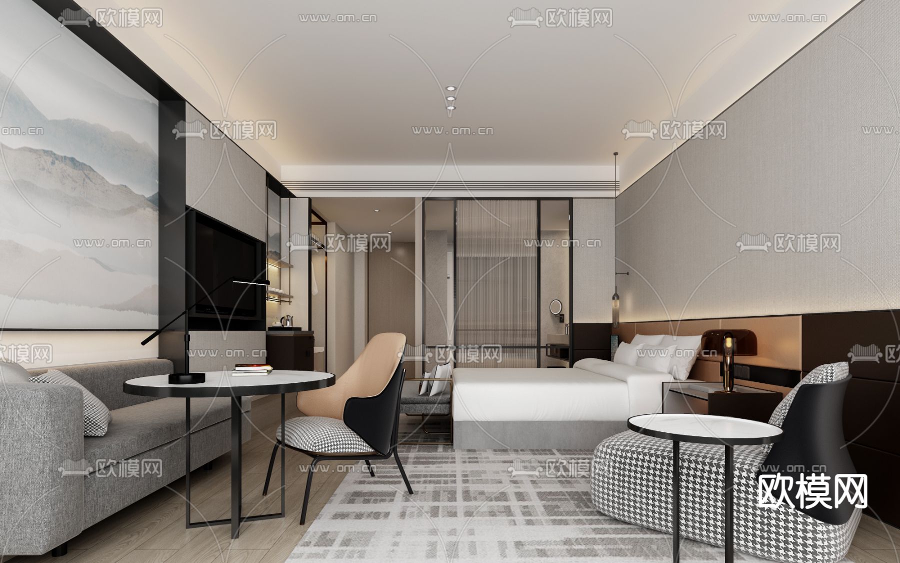 现代酒店 客房 大床房3d模型下载