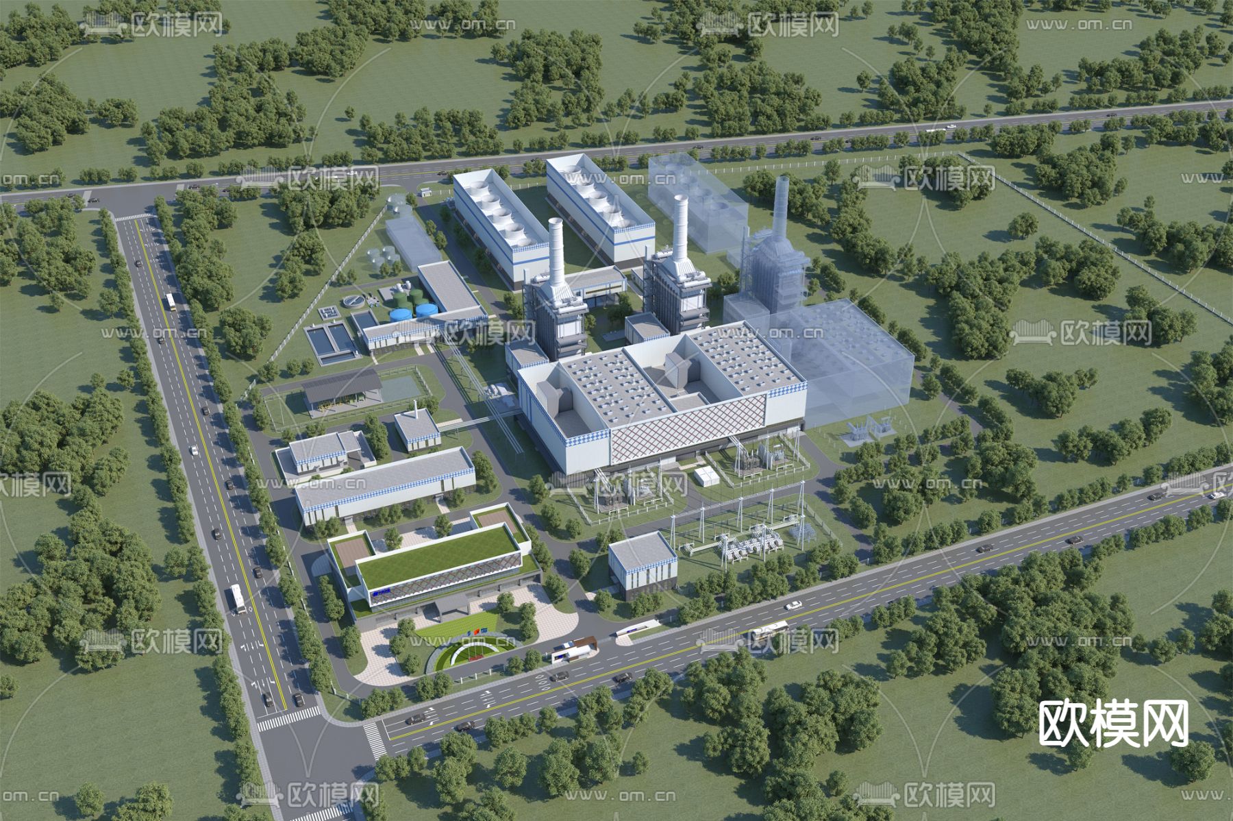 电厂 石化厂鸟瞰3d模型下载