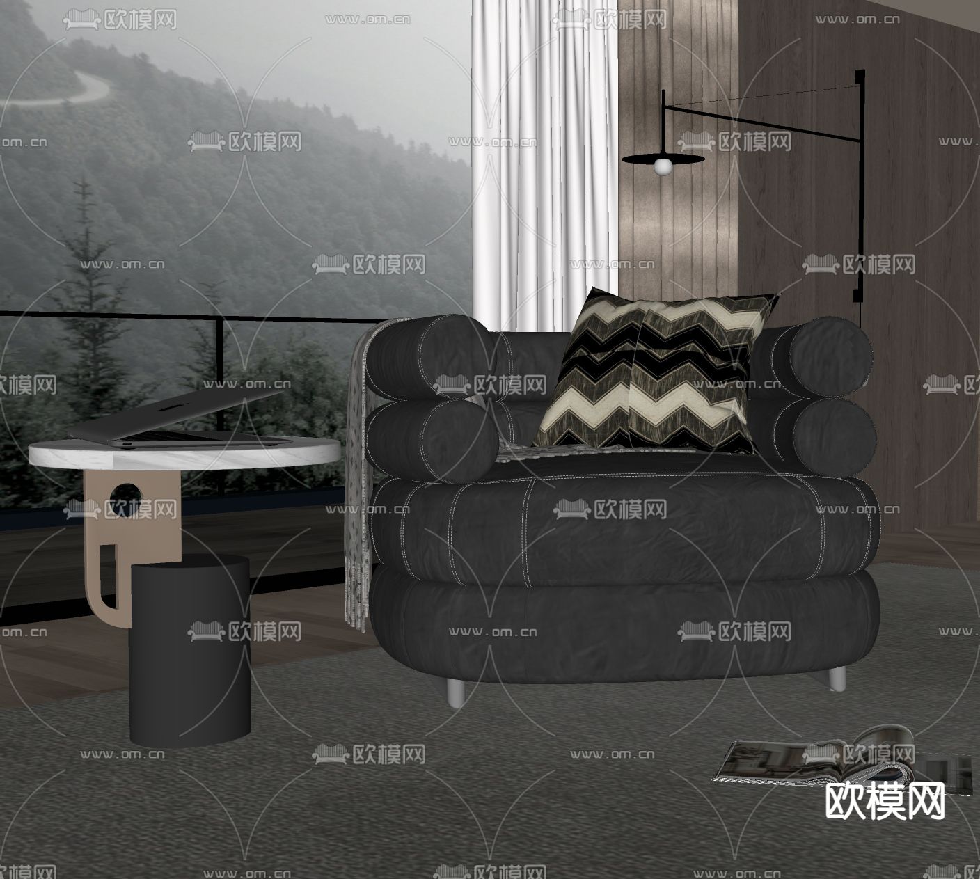 暗黑风单人沙发su模型下载（渲染图2）