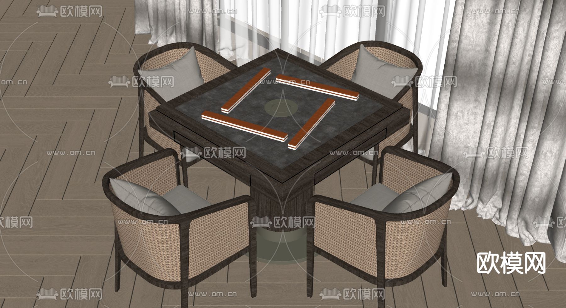 侘寂风麻将桌椅su模型下载（渲染图2）