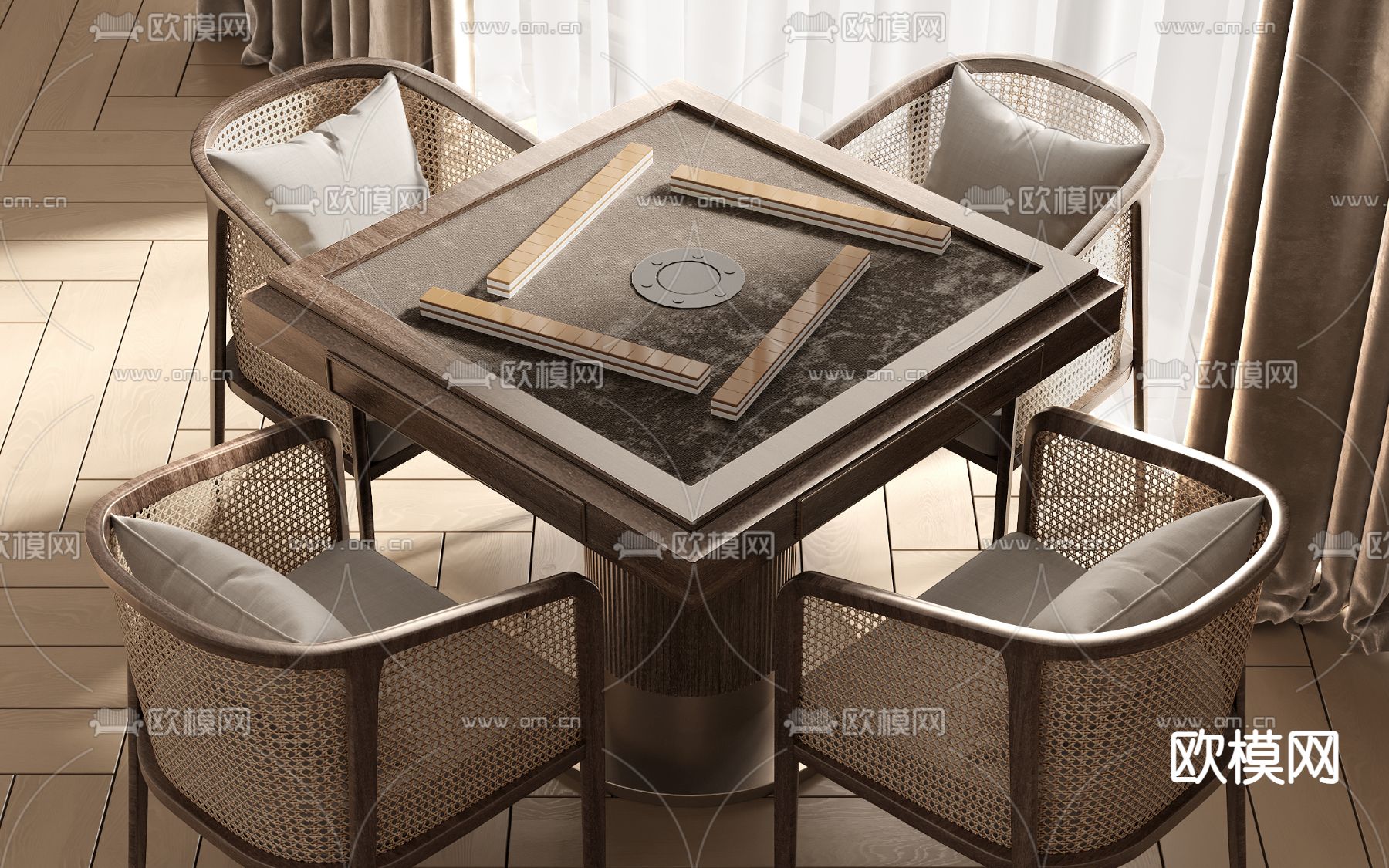 侘寂风麻将桌椅su模型下载（渲染图1）