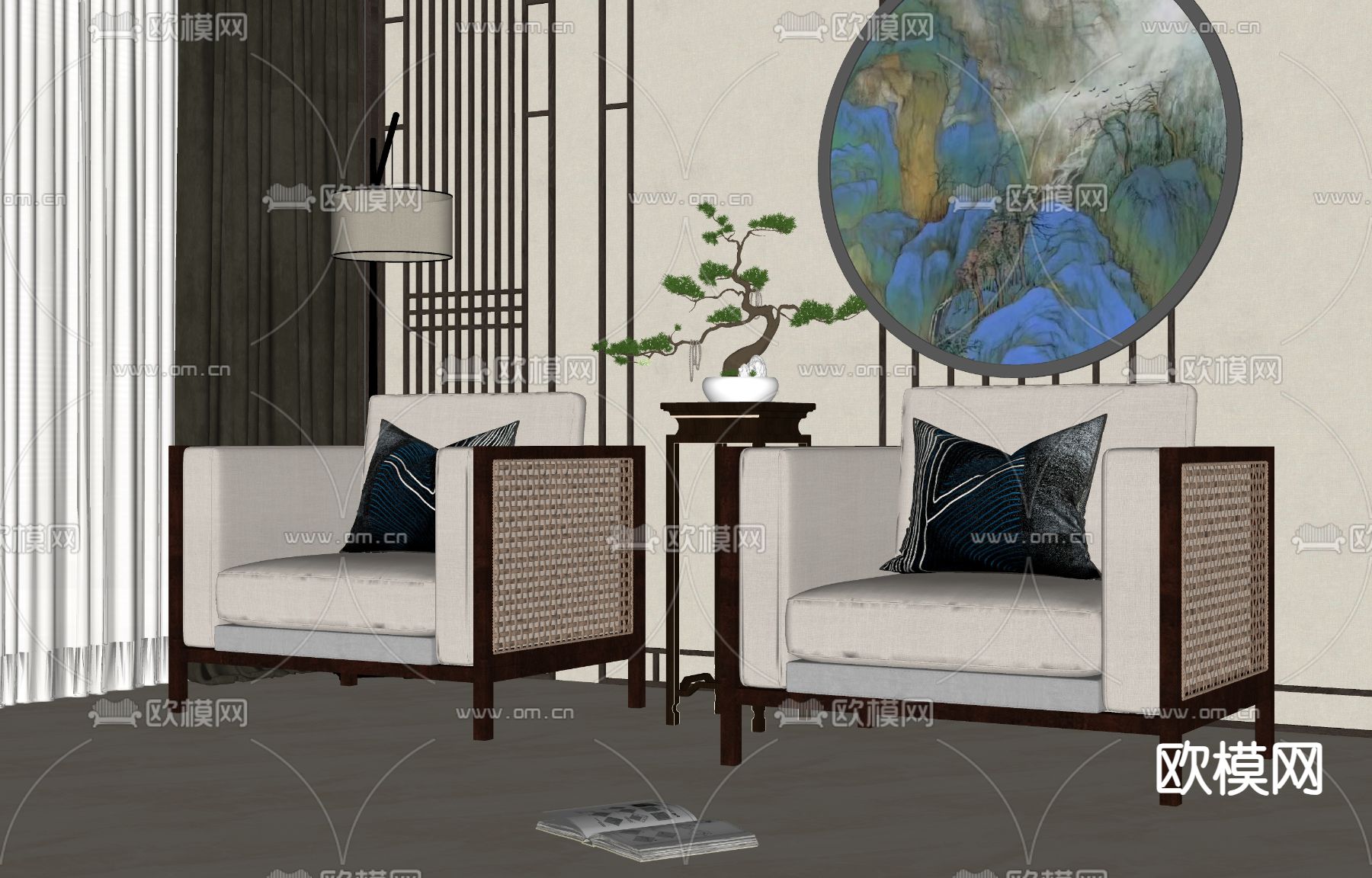 新中式单人沙发su模型下载（渲染图2）