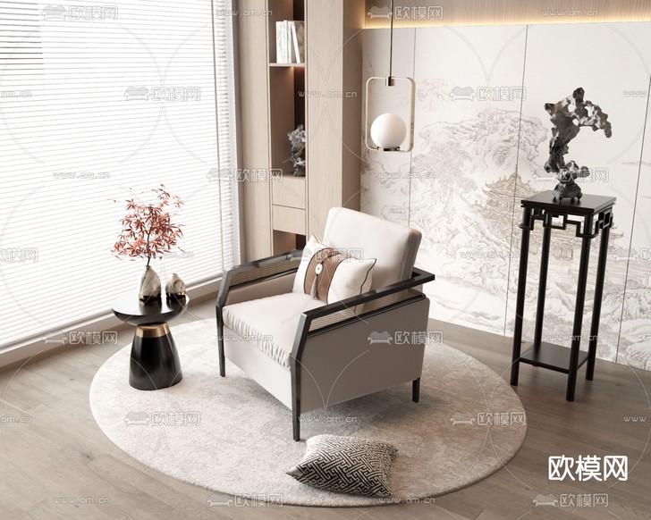 新中式沙发椅 单人沙发3d模型下载_ID14322190_3dmax免费模型-欧模网