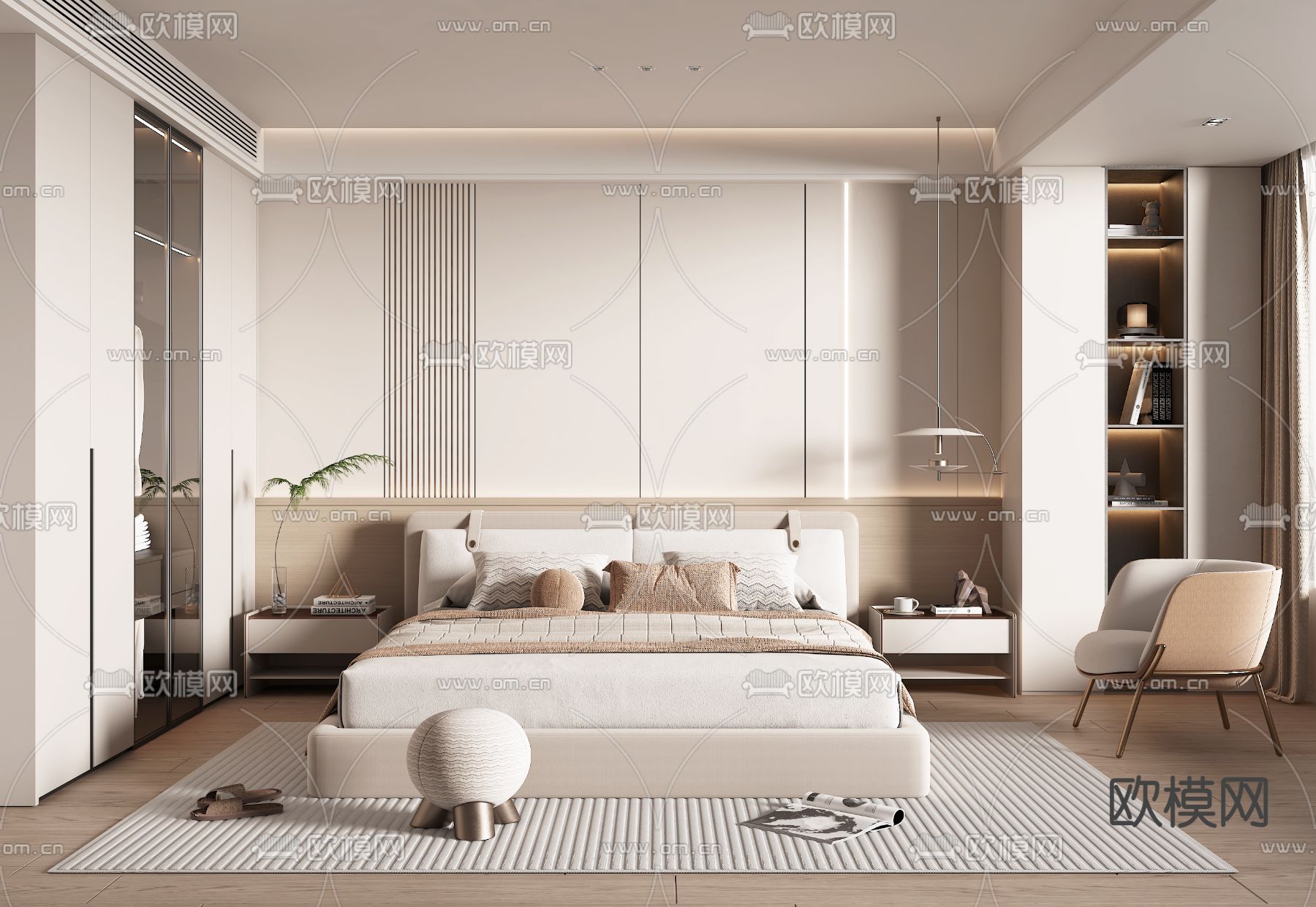 奶油风卧室 主人房3d模型下载