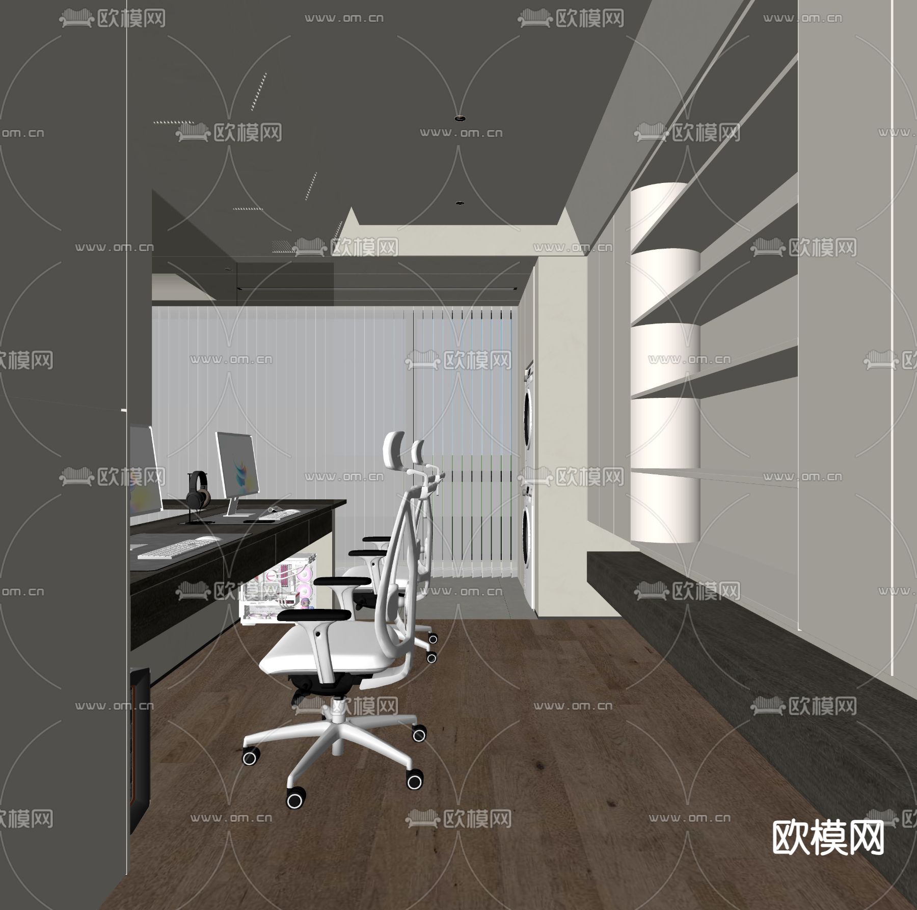 奶油风电竞房 书房su模型下载（渲染图2）