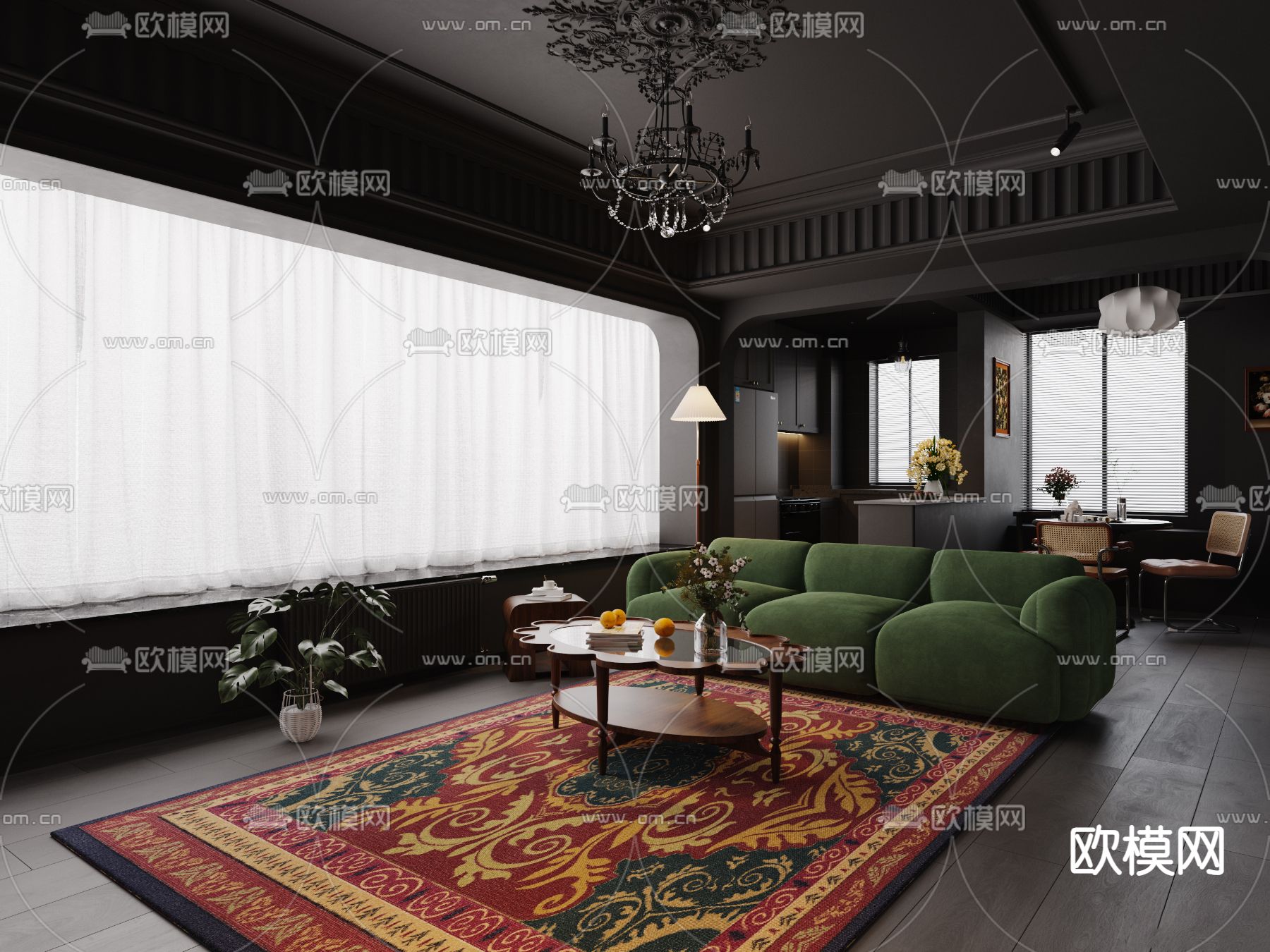 暗黑风客厅 餐厅3d模型下载（渲染图1）