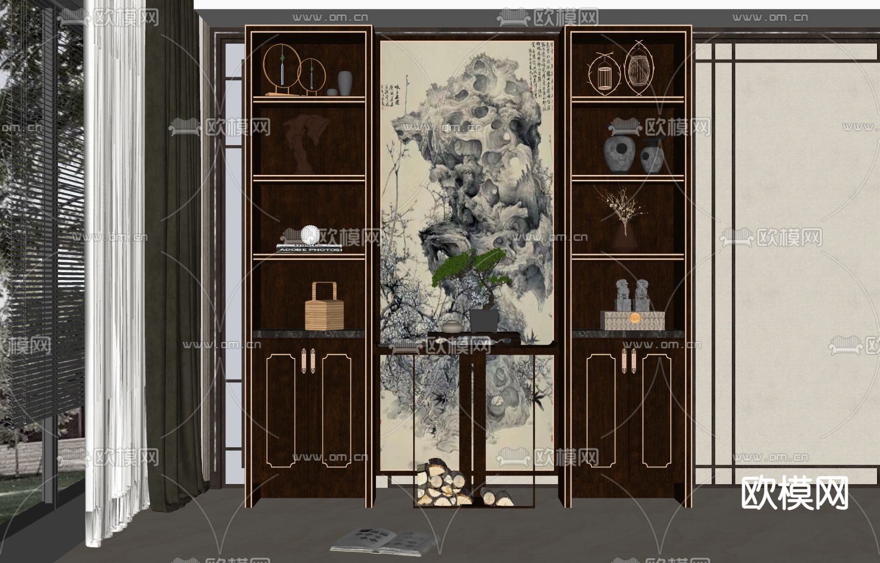新中式玄关台 装饰柜su模型下载（渲染图2）