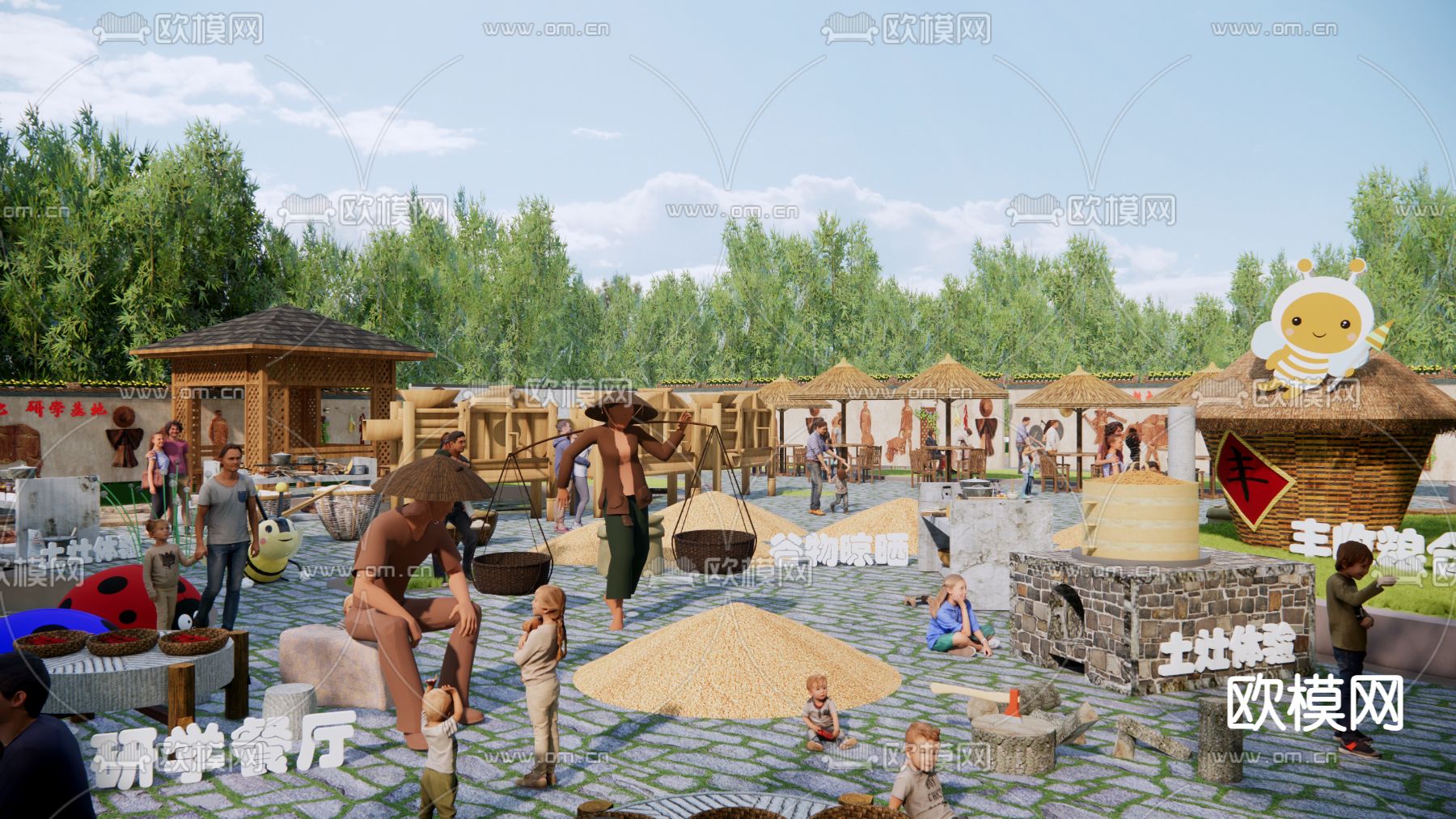 中式水稻研学公园su模型下载（渲染图1）