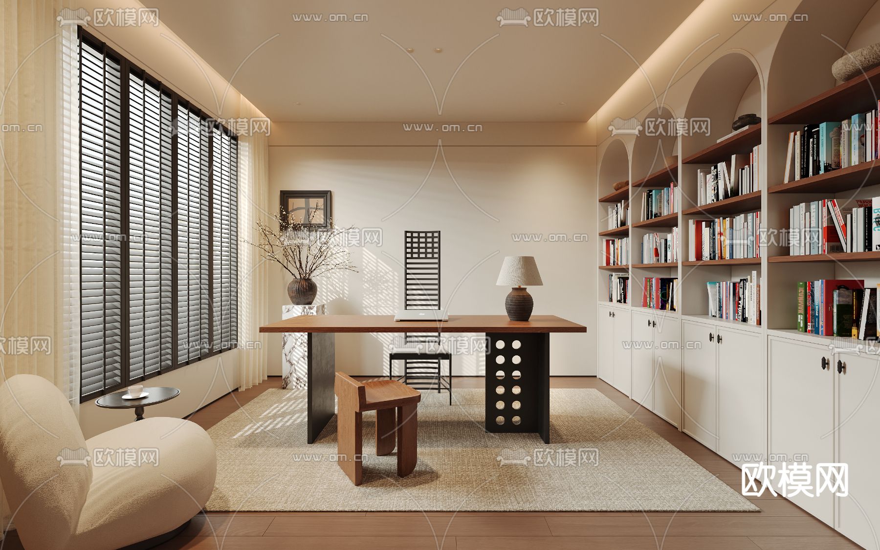 中古风书房su模型下载（渲染图1）